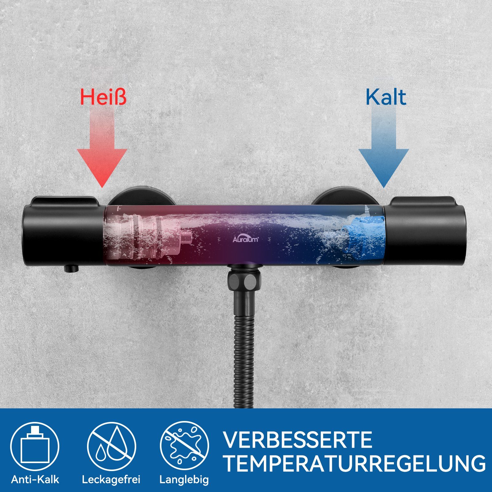 Auralum Brausethermostat Duscharmaturen mit Thermostat Mischbatterie 38℃ Sicherheitsknopf,Schwarz