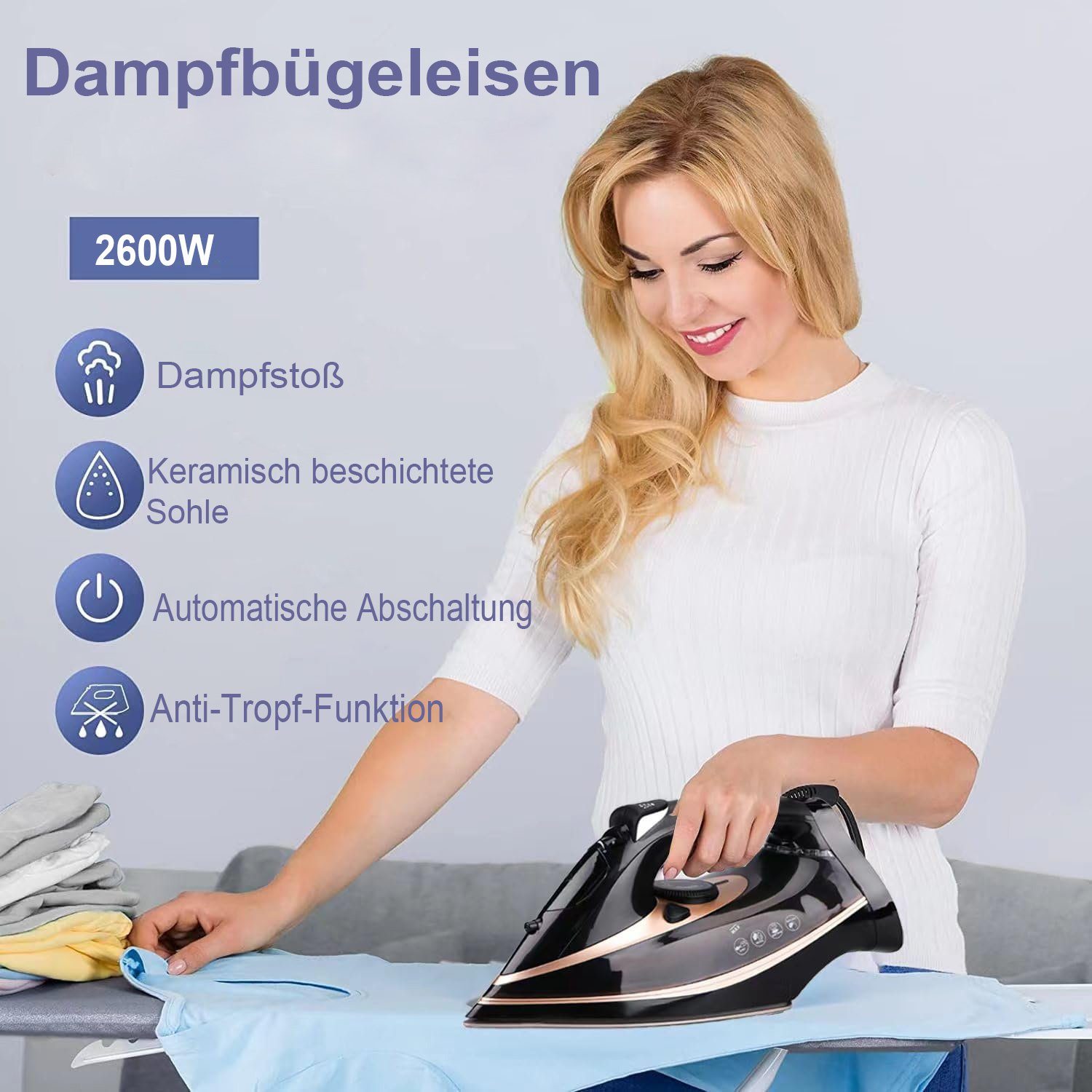 Mutoy Dampfbügeleisen Dampfbügeleisen,Bügeleisen70 g/min Dampf, 120g Extra-Dampfstoß, 2600,00 W, 300ml Wassertank,Keramik-Bügelsohle, Selbstreinigungs, Antikalk