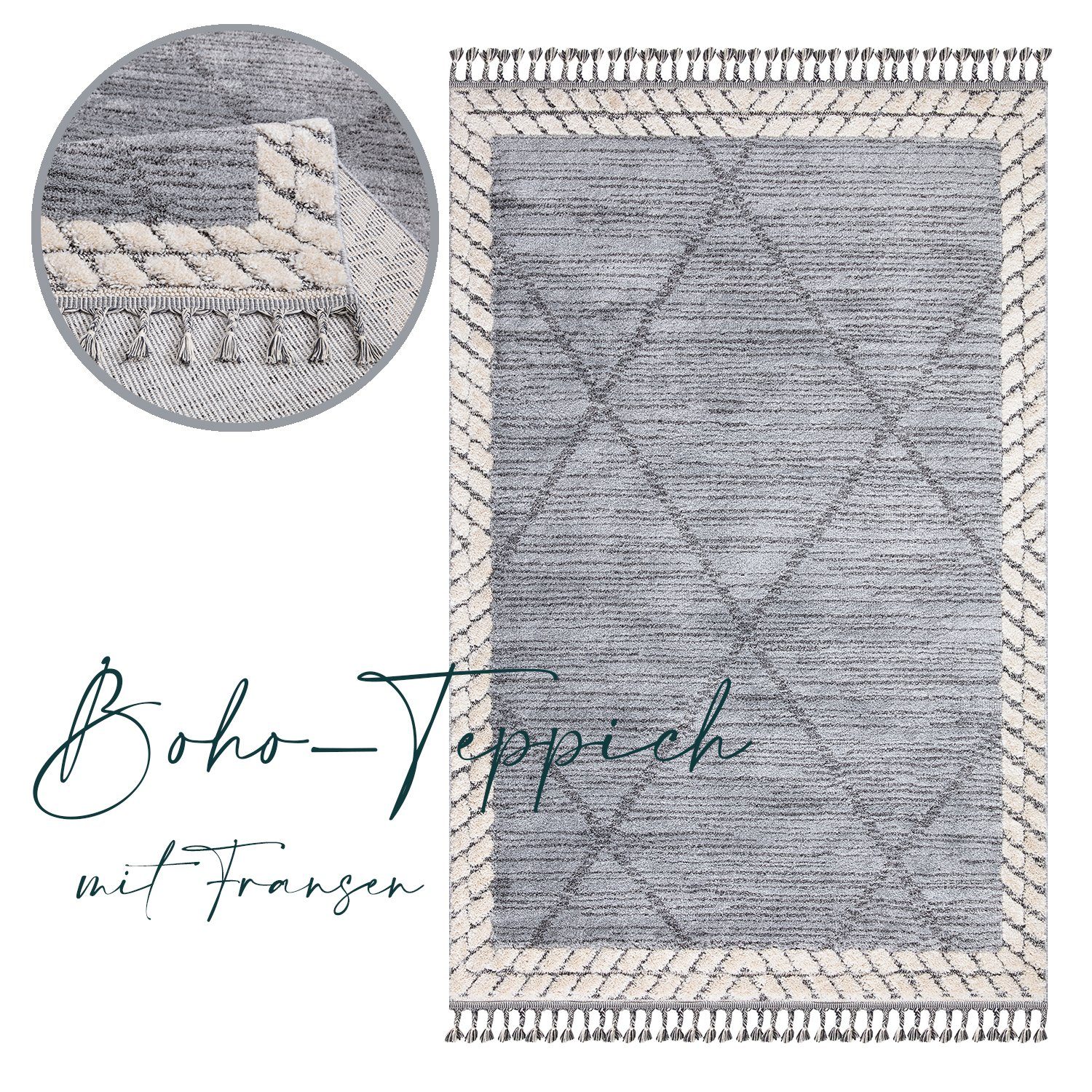 Teppich Boho Skandinavisch Style - Hochtief Effekt Cut-& Loop, payé, Rechteckig, Höhe: 20 mm, Ornament Muster - Hochtief Effekt