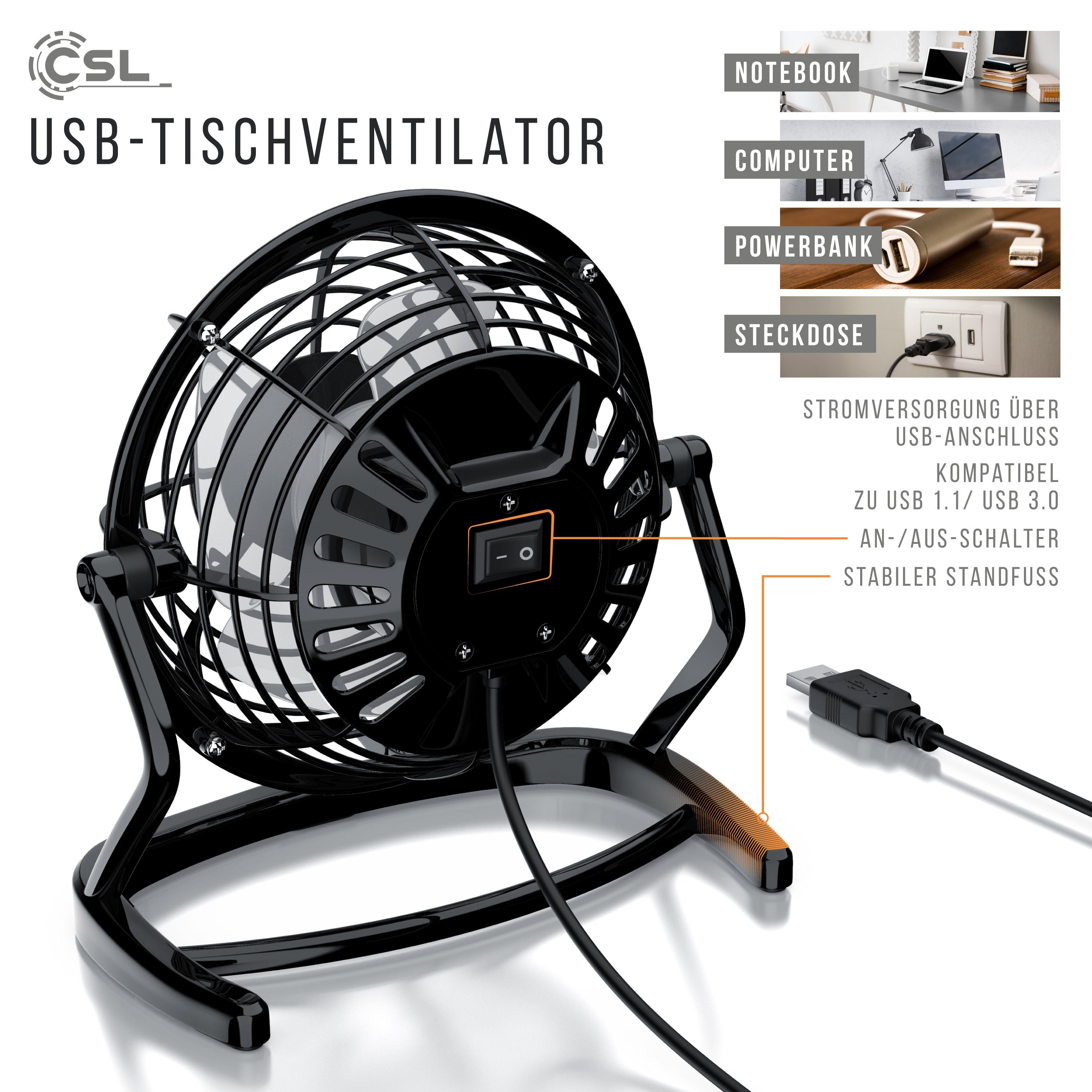 CSL Mini USB-Ventilator, Tischventilator, stromsparend, ruhiger Lauf, 360° neigbar