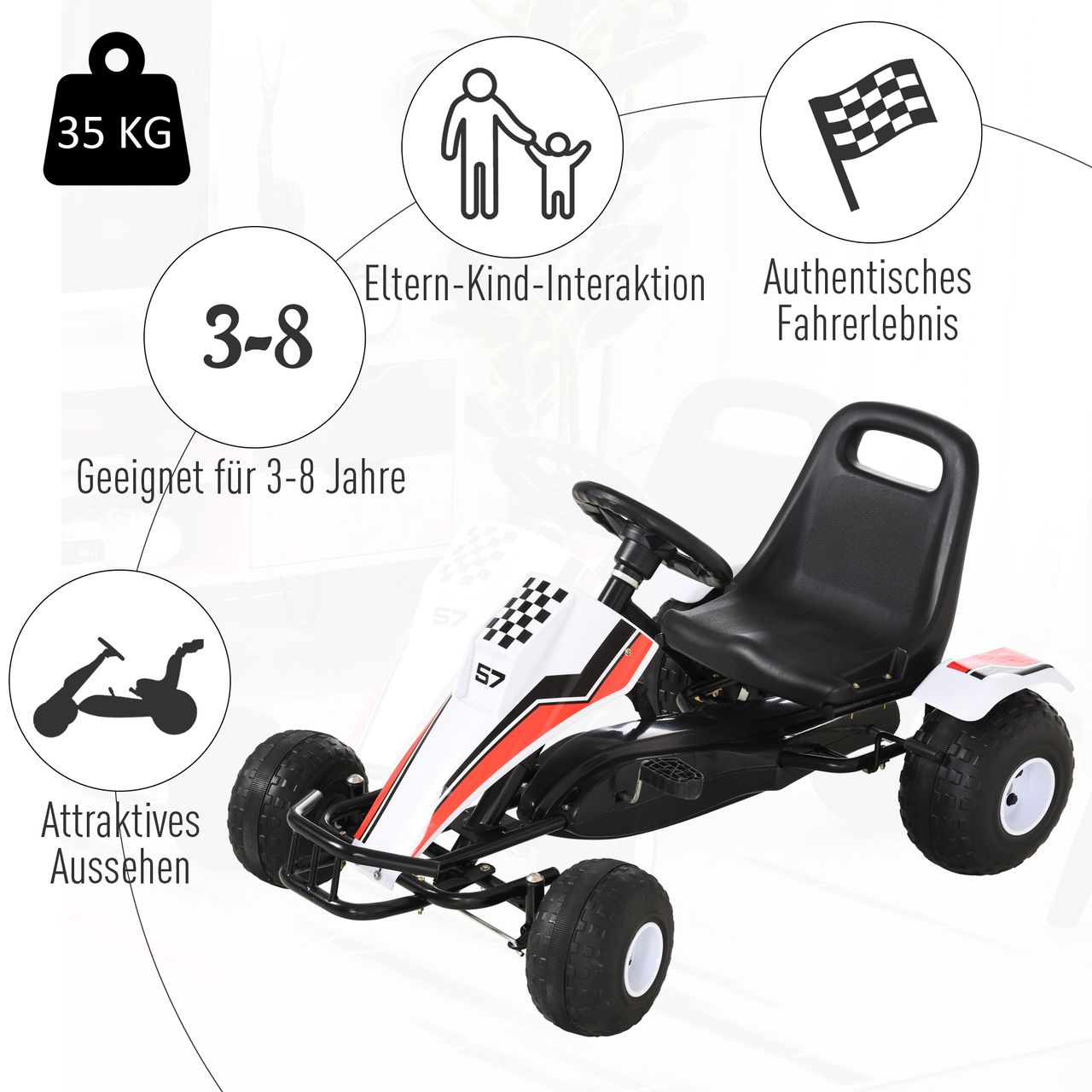 HOMCOM Go Kart Kinderfahrzeug Tretauto mit Pedal für 3-8 Jahre Stahl Weiß