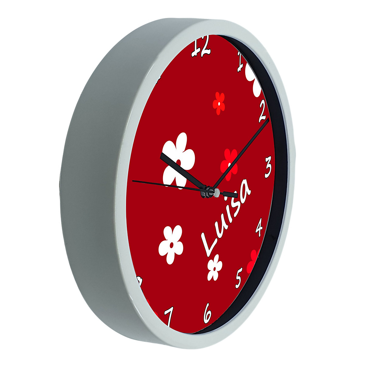 Kinder Wanduhr laufruhig personalisiert mit Name Blumen Rot