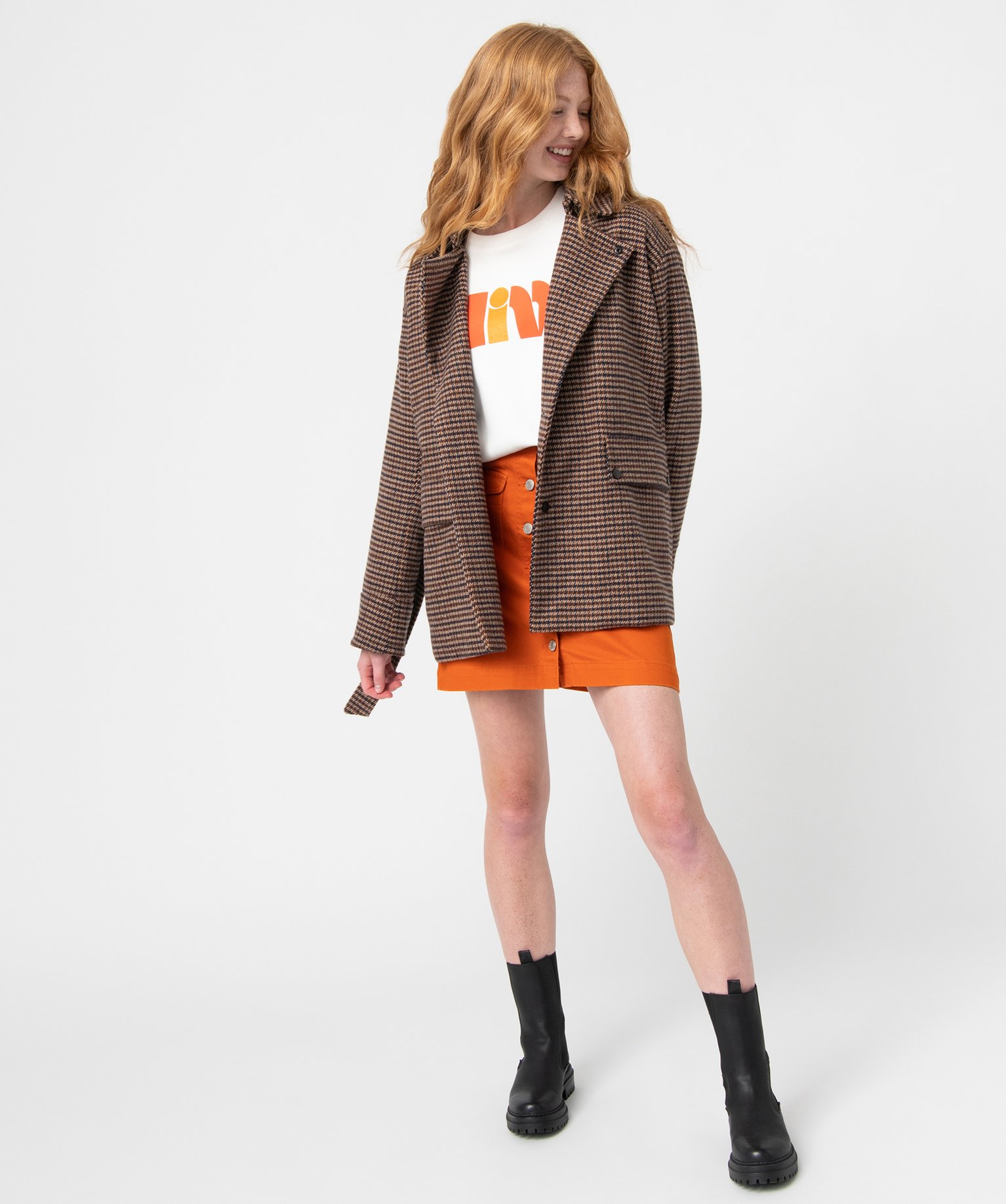 Manteau court femme à motif pied de poule marron clair | GEMO
