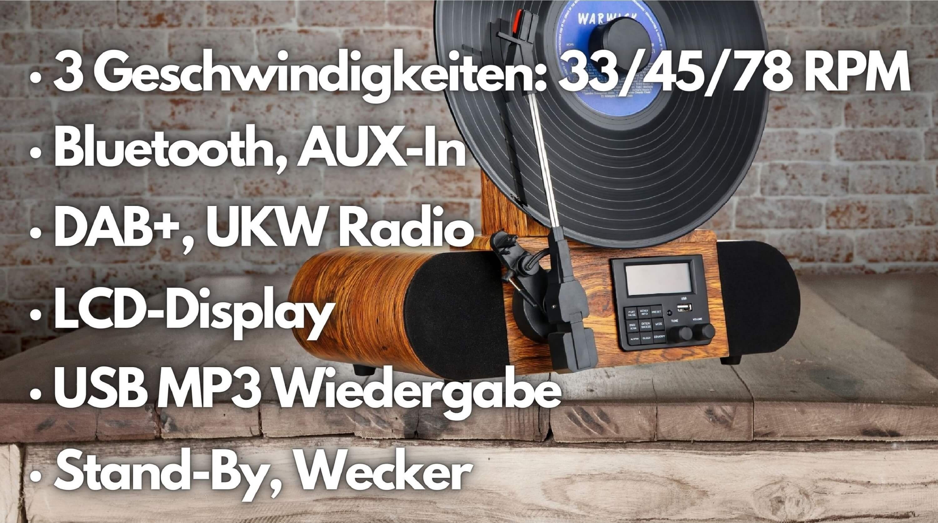 Cyberlux CL-3070 Plattenspieler (Riemenantrieb, Bluetooth, Vertikal Plattenspieler, DAB+ Radio, Bluetooth, LCD-Display)