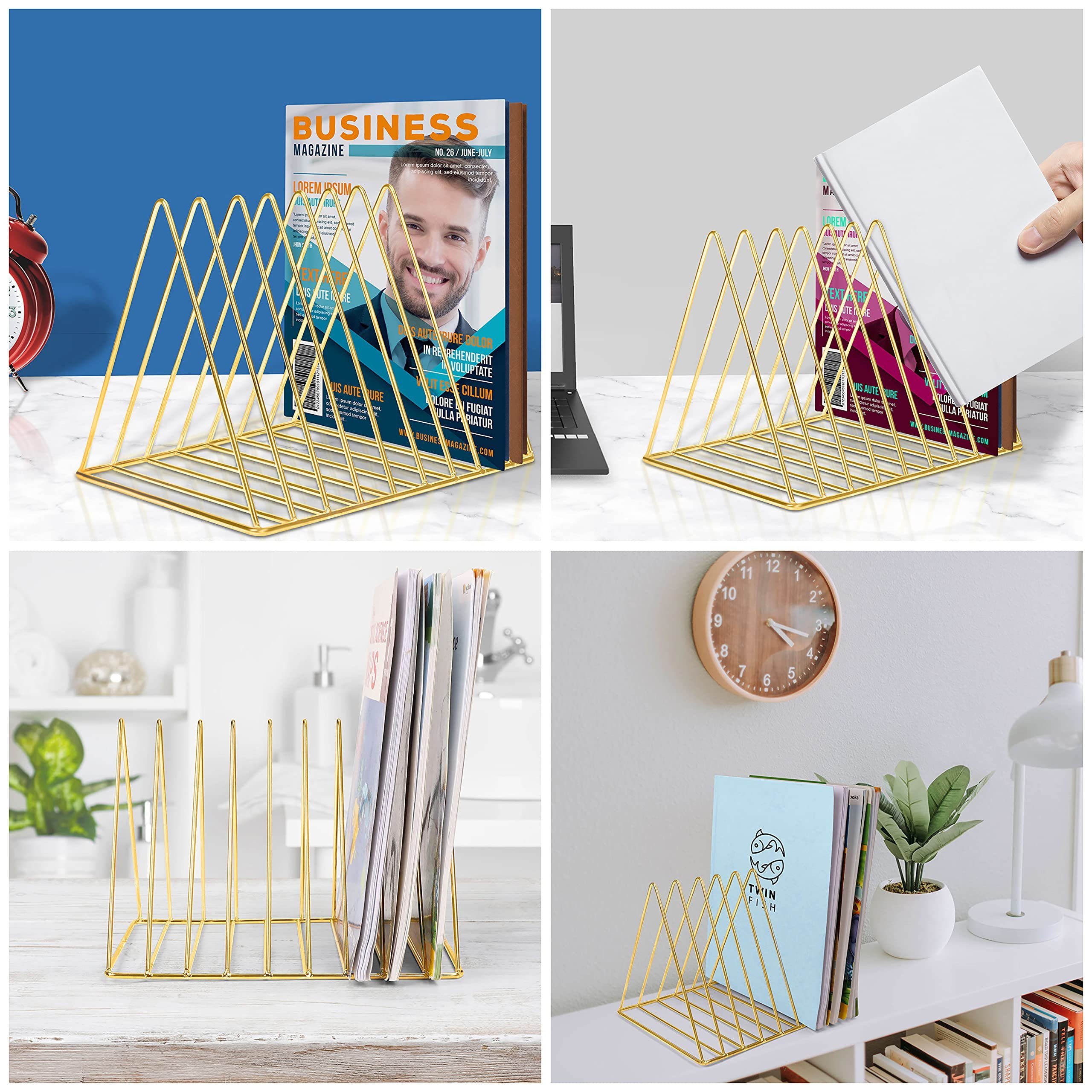 Belle Vous Zeitungsständer Metall Buchstütze mit 9 Fächern - Gold, Dreieckig, Metal Bookend with 9 Slots - Gold, Triangular