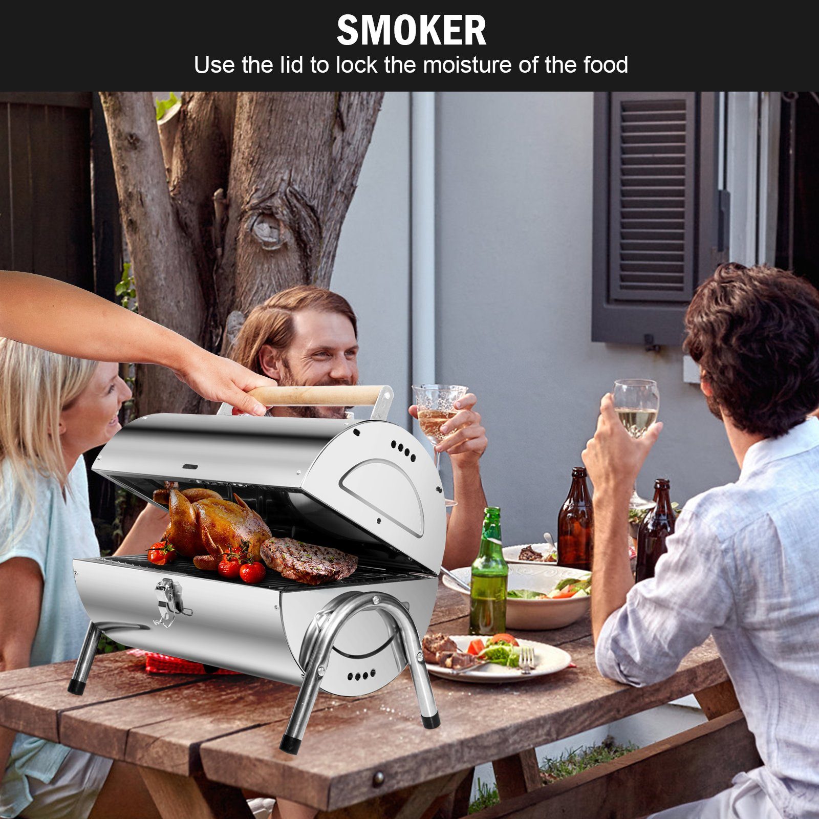SunJas Holzkohlegrill CA-S22A, Reisegrill Edelstahl Campinggrill Klappgrill Koffergrill Tischgrills
