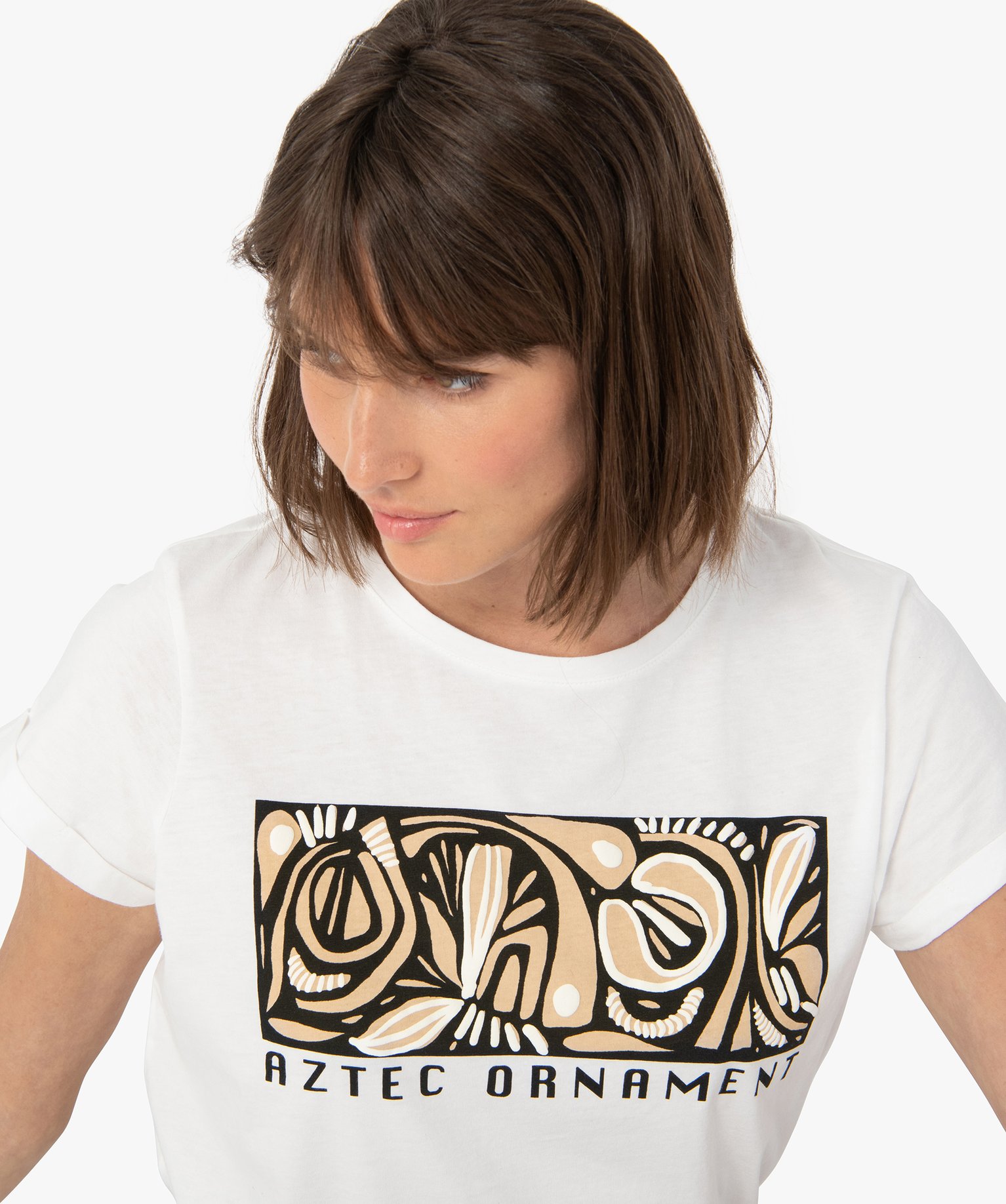 Tee-shirt femme ample et court avec motif sur le buste blanc | GEMO