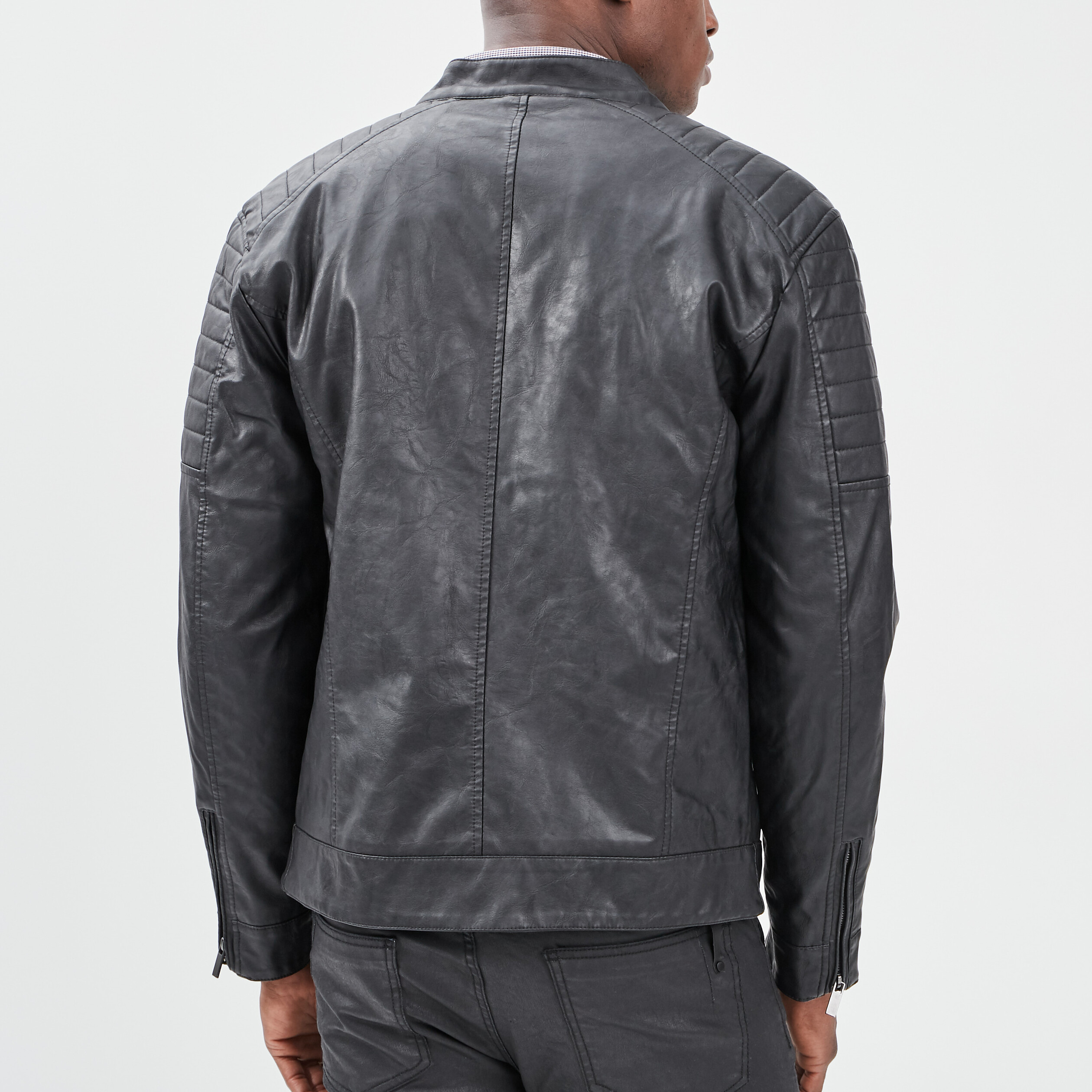 Blouson doublé droit biker à col montant noir homme | La Halle