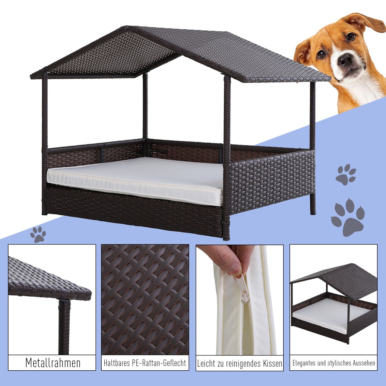 PawHut Rattan Hundehaus Hundebett Kissen Hausform Outdoor Hundehütte Stahl PP