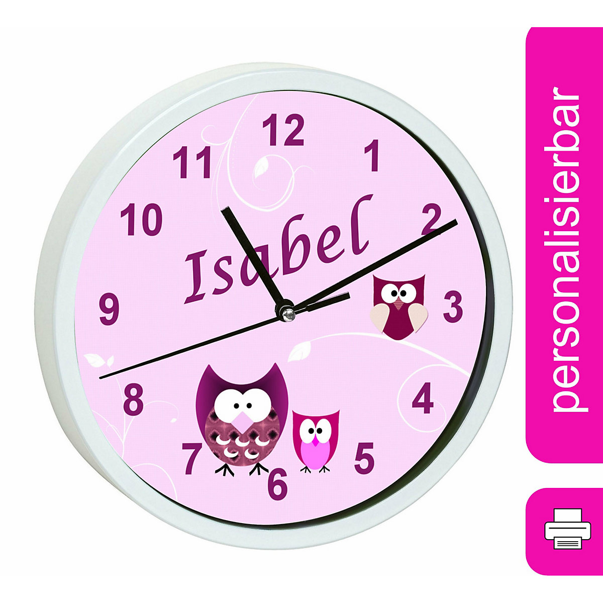 Kinder Wanduhr laufruhig personalisiert mit Name Eule Rosa