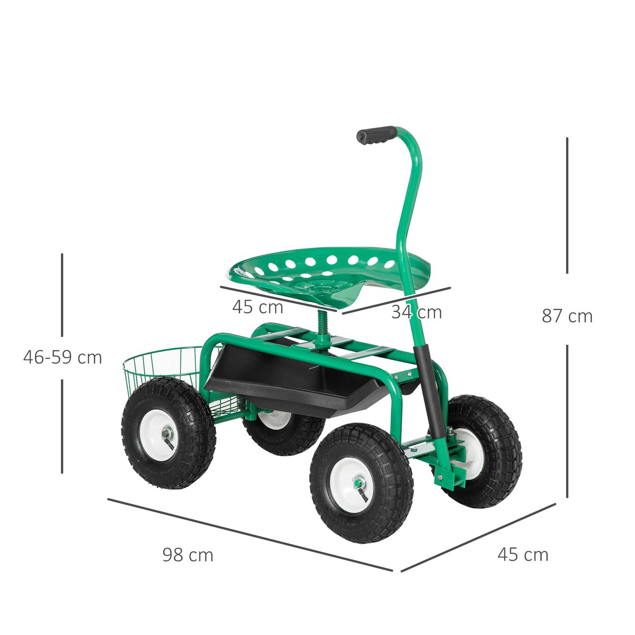Outsunny Gartenwagen mit Rollsitz bis 150 kg steuerbar Sitzhöhe 46-59 cm Metall Gummi Grün
