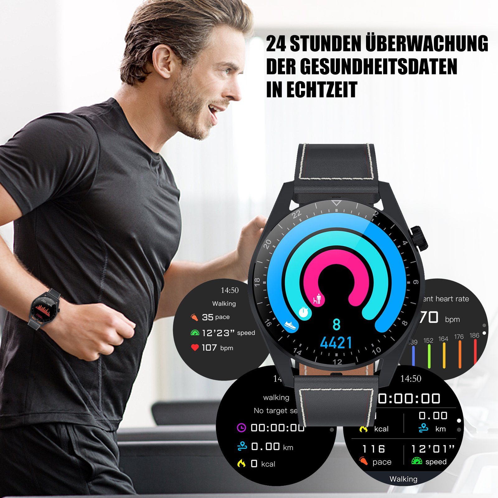 Tisoutec Smartwatch Damen Herren Smartwatch (Fitnessuhr mit Telefonfunktion/WhatsApp Notiz,Smartwatch Fitness Tracker Uhr IP68 Wasserdicht,1.36