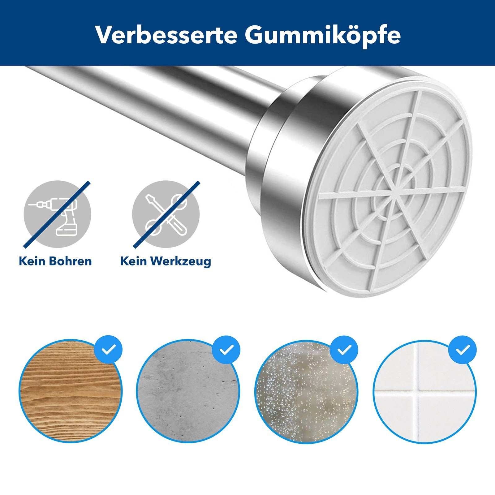Duschvorhangstange stufenlos verstellbar, Inkl. 12 Duschringe, Karat, ausziehbar, geklemmt