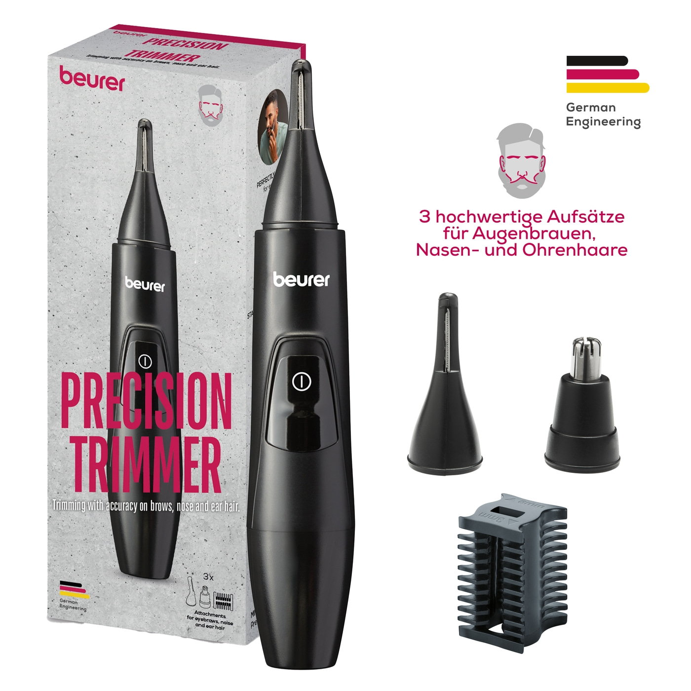 Beurer Präzisionstrimmer MN2X-Mit 3 Aufsätzen zum präzisen Trimmen und Formen von Augenbrauen, Nasen- und Ohrhaaren