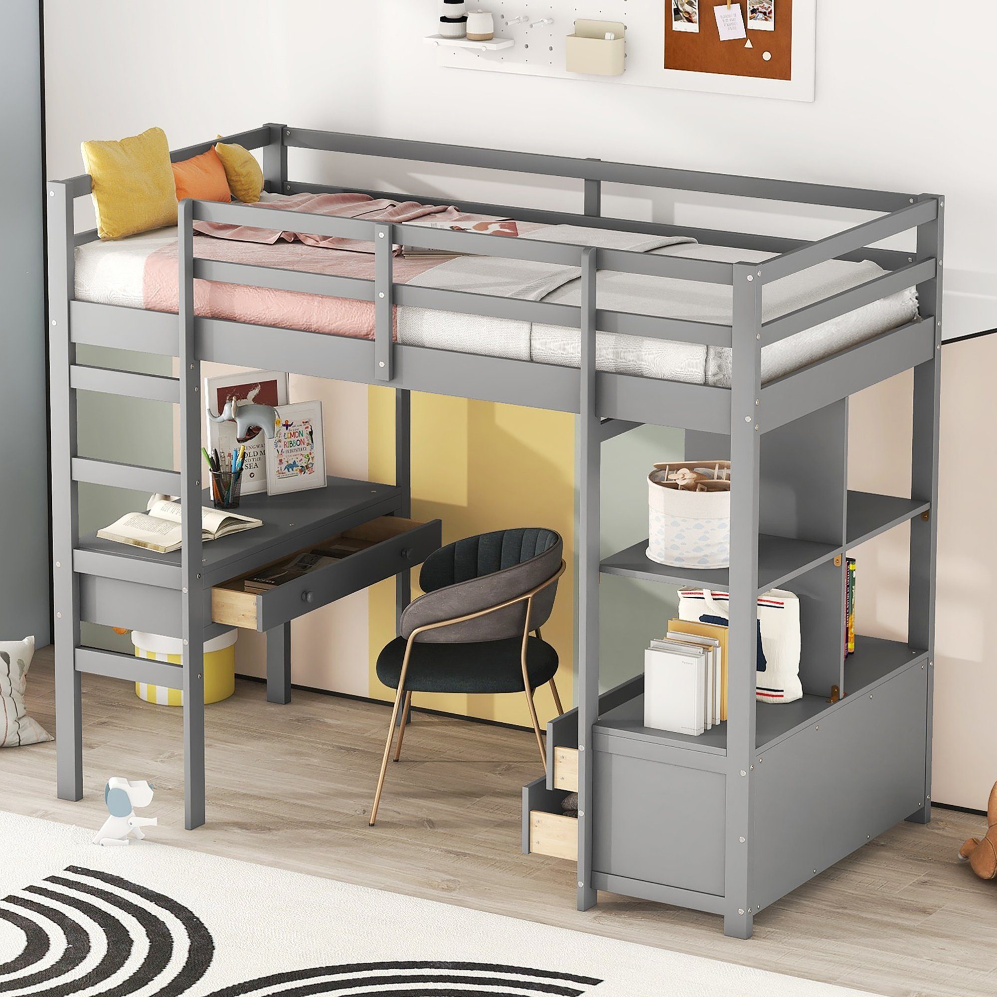 HAUSS SPLOE Etagenbett Kinderbett Hochbett Bettgestell mit Schreibtisch und Schubladen (mit Stauraumschubladen, mit Unterbettschreibtisch), 90 x200cm