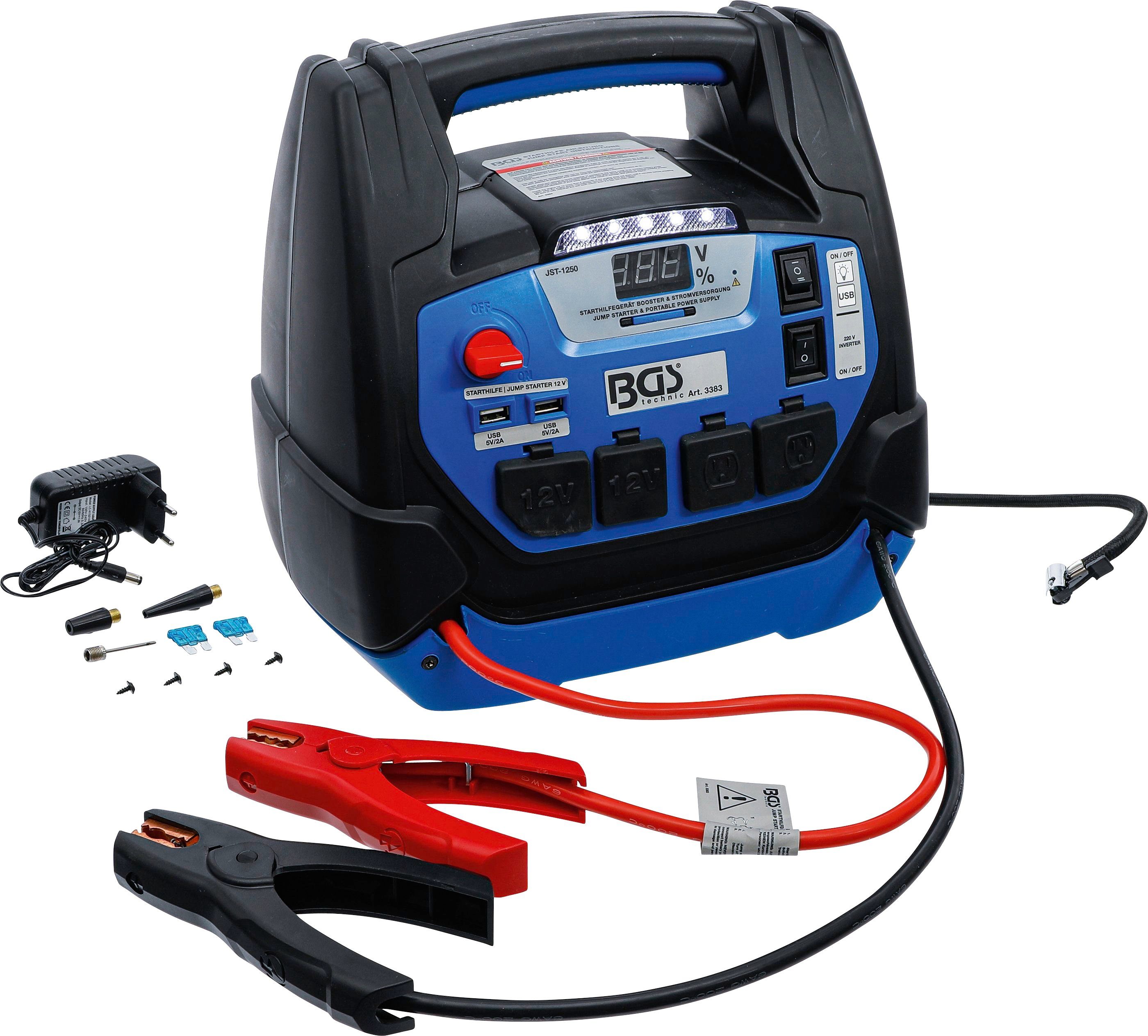 BGS 3383 Starthilfegerät, 5 in 1: Starthilfe, Kompressor, Powerbank, 220V Spannung, Leuchte