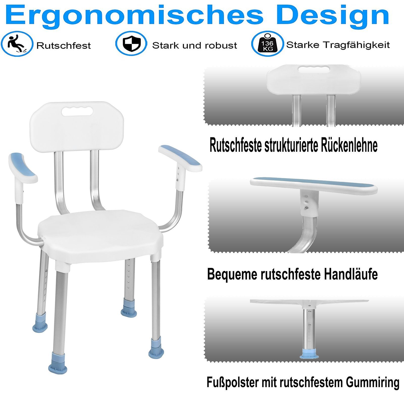 AUFUN Badewannensitz Duschstuhl, belastbar bis 150 kg, mit Rückenlehne Armlehne