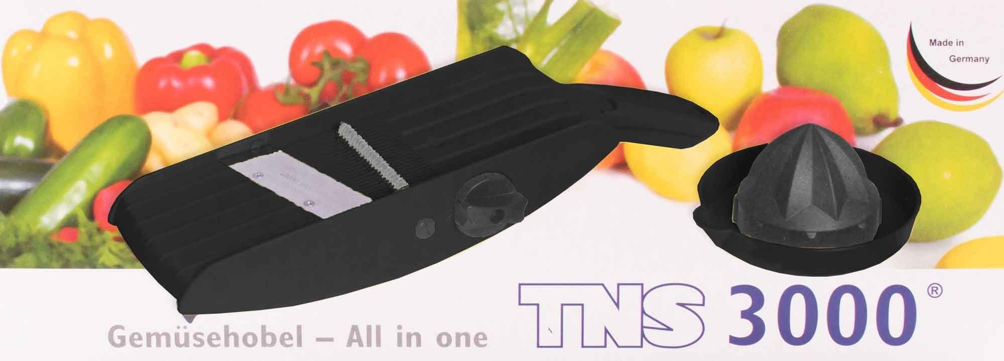 TNS 3000 Gemüsehobel TNS 3000 All in ONE Gemüsehobel schwarz Gurkenhobel Küchenhobel Gemüse, Kunststoff, (mit Restehalter, 2-St), 32 Einstellmöglichkeiten
