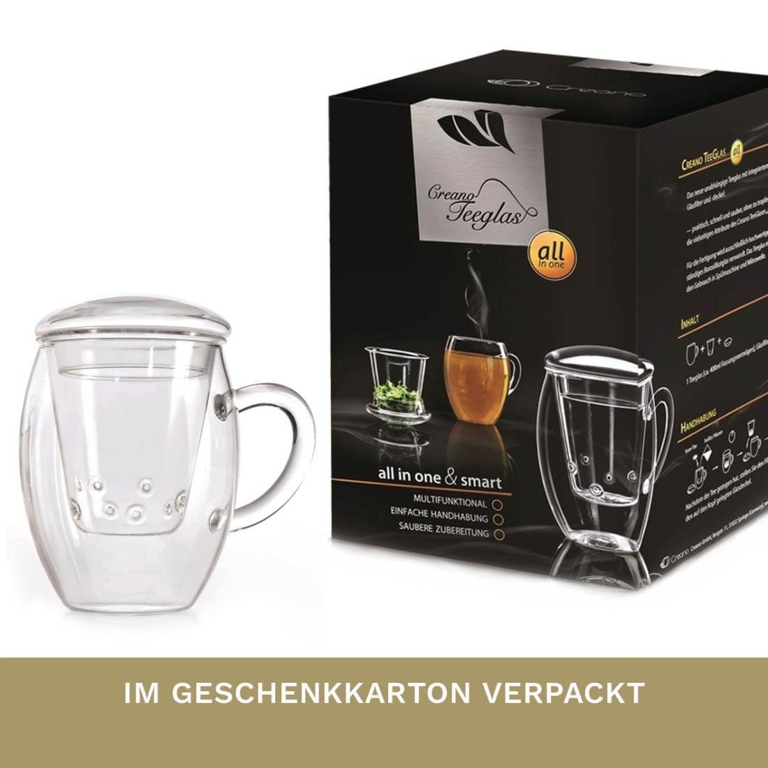Creano Teeglas All in one, mit Glassieb & Henkel, Borosilikatglas, 3-teilig