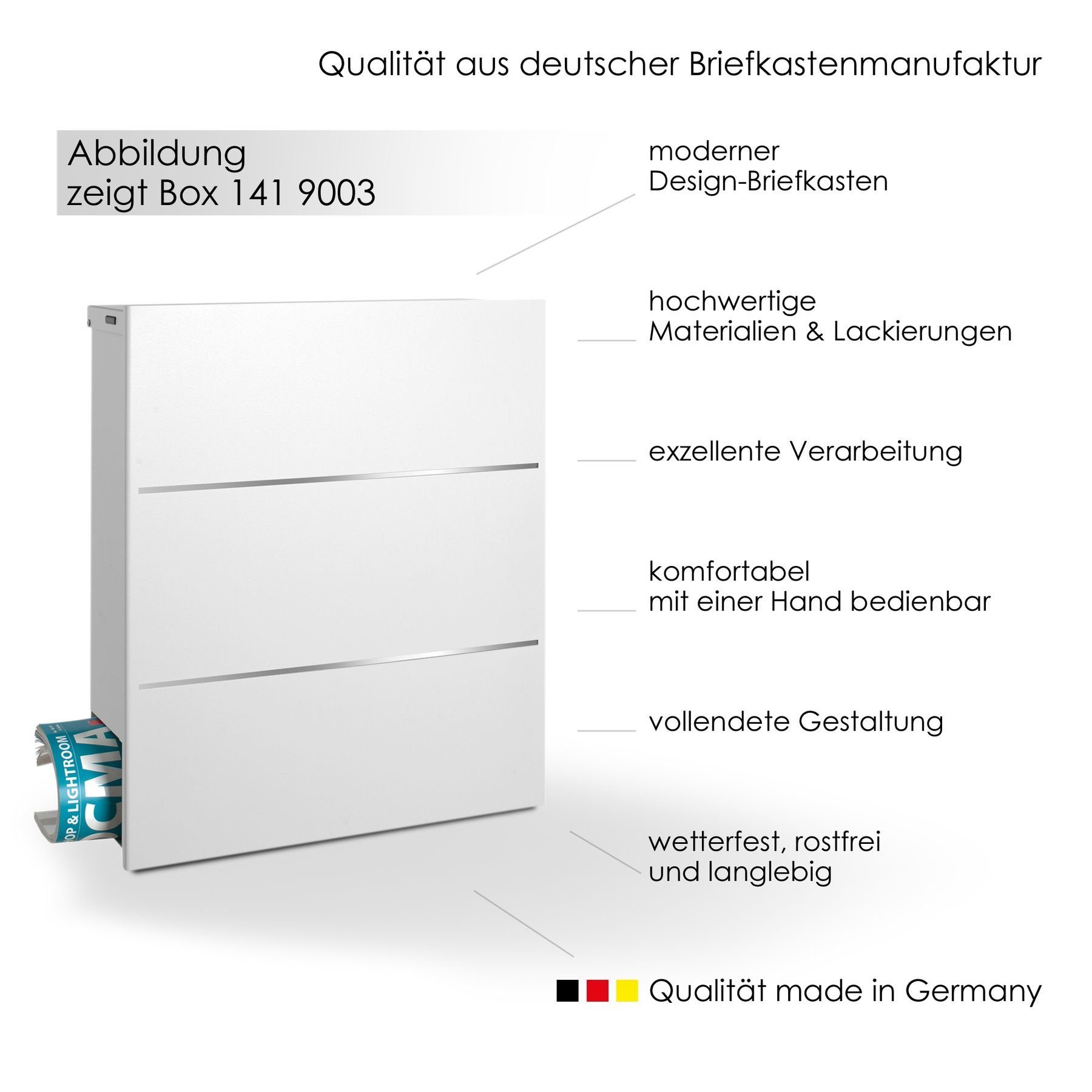 MOCAVI Briefkasten MOCAVI Box 141 Design-Briefkasten mit Zeitungsfach signal-weiß (RAL 9003) mit Edelstahl-Detail, integriert, passender Verschluss (zusätzlich bestellbar) für Wetterseite, beidseitig nutzbar: Box Vers 1 VA