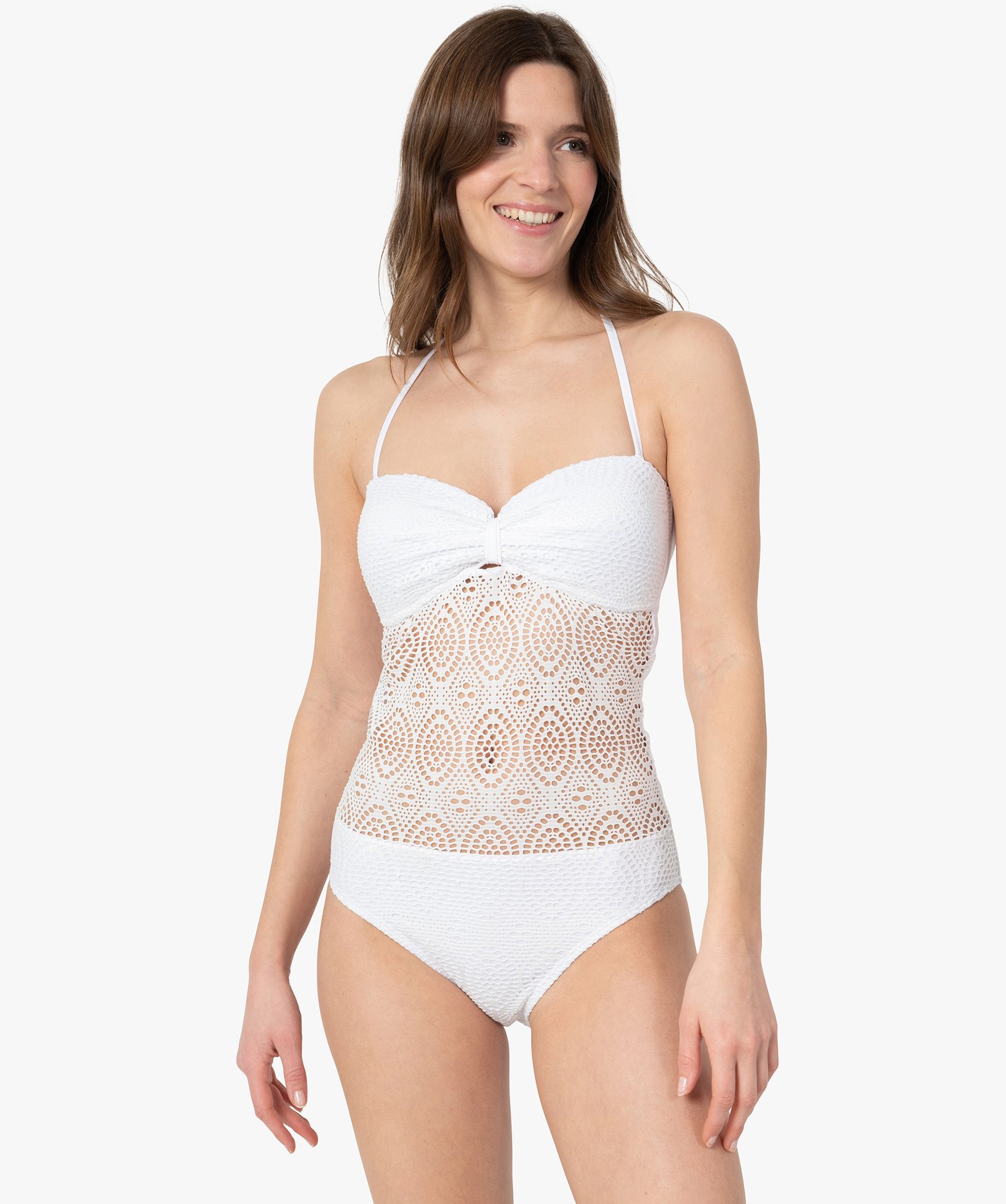 Maillot de bain femme une pièce en maille ajourée blanc | GEMO