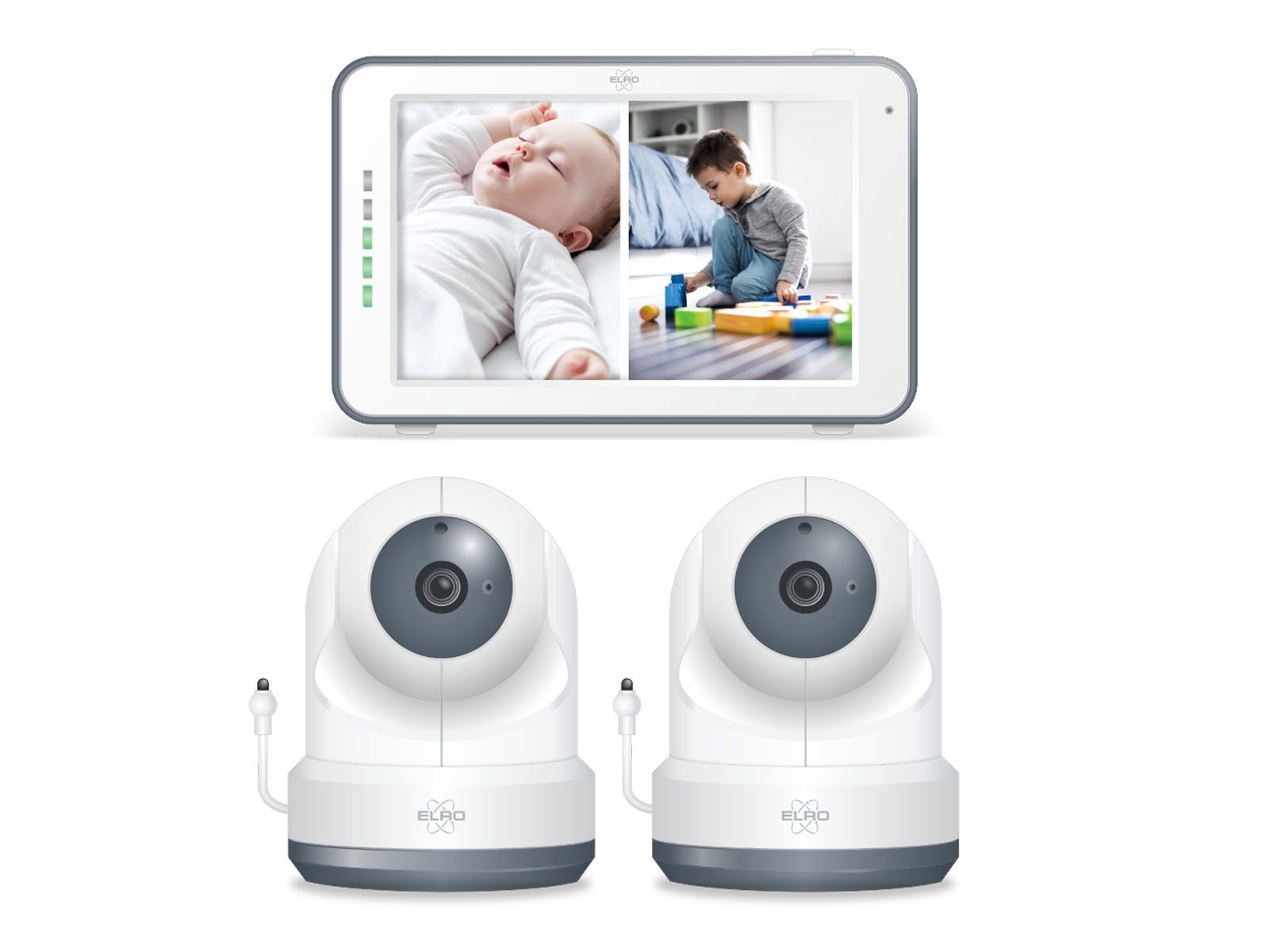 Elro Video-Babyphone, Nachtlichtfunktion & 3 Schlaflieder, Baby Cam mit Kameras für 2 Kinder - Monitor und Handy App