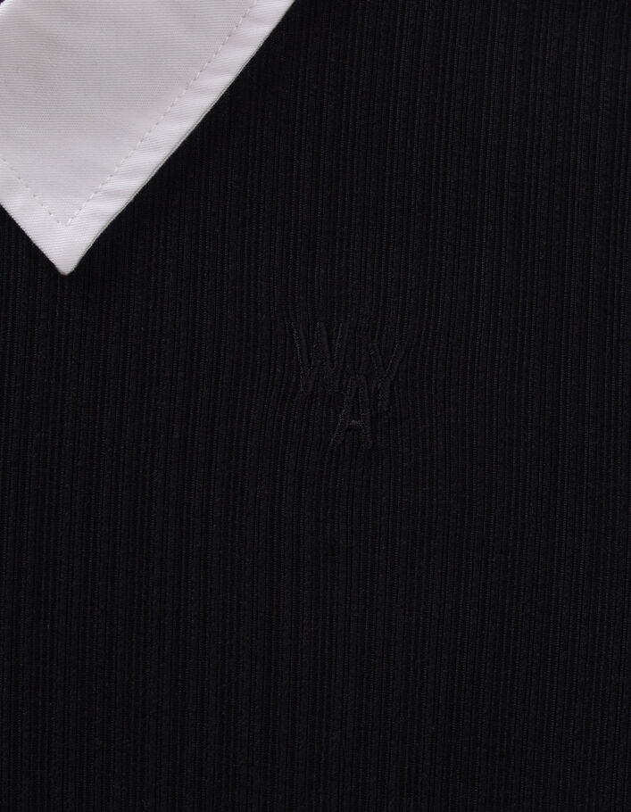 T-shirt noir côtelé à col chemise fille