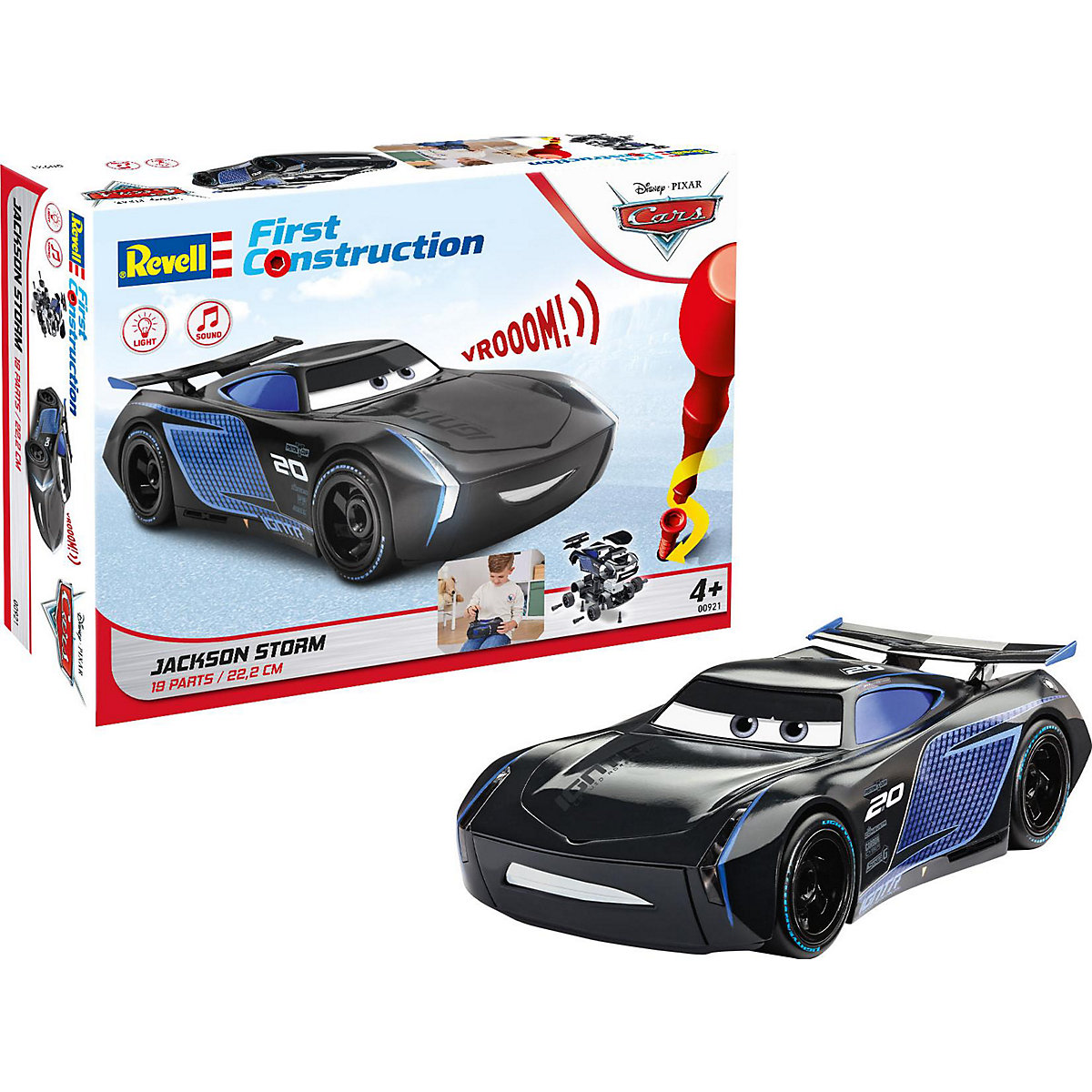 Jackson Storm  -Cars Auto mit Licht & Sound, Revell First Construction, Bausatz für Kinder ab 4 im Maßstab 1:20, 19 Teile, 22,2 cm