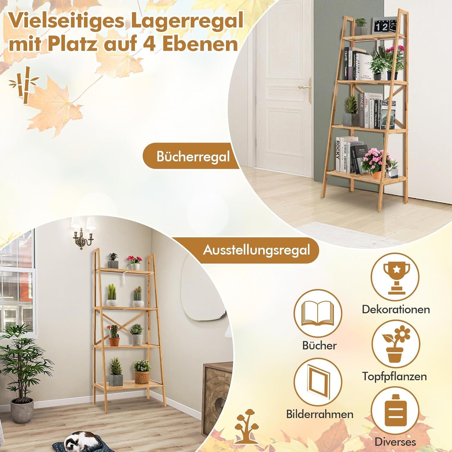 KOMFOTTEU Leiterregal Standregal, mit 4 Ebenen, 60 x 35,5 x 148 cm