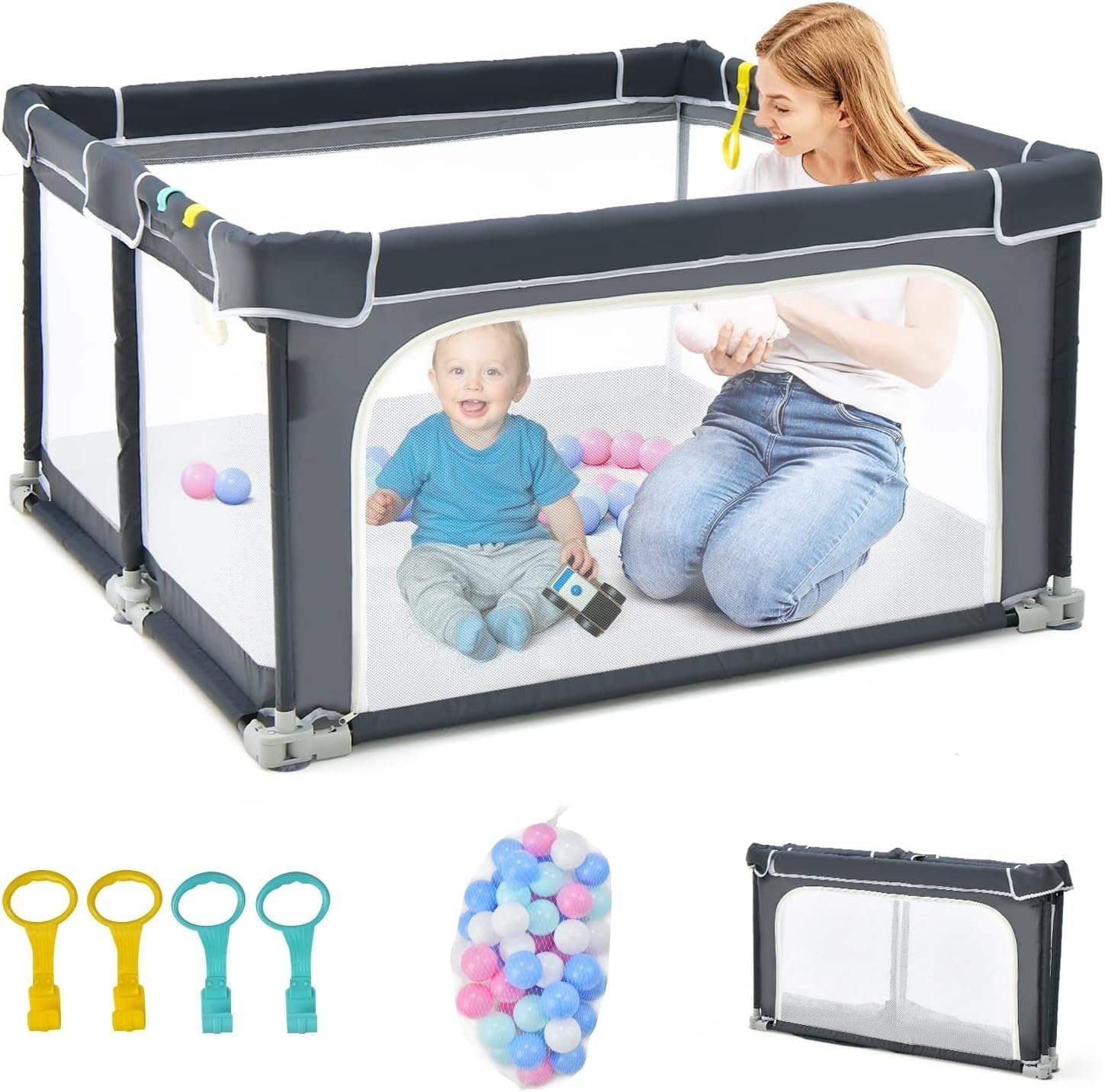 KOMFOTTEU Laufstall Baby, mit Atmungsaktivem Netz & Reißverschluss, 124 x 124cm
