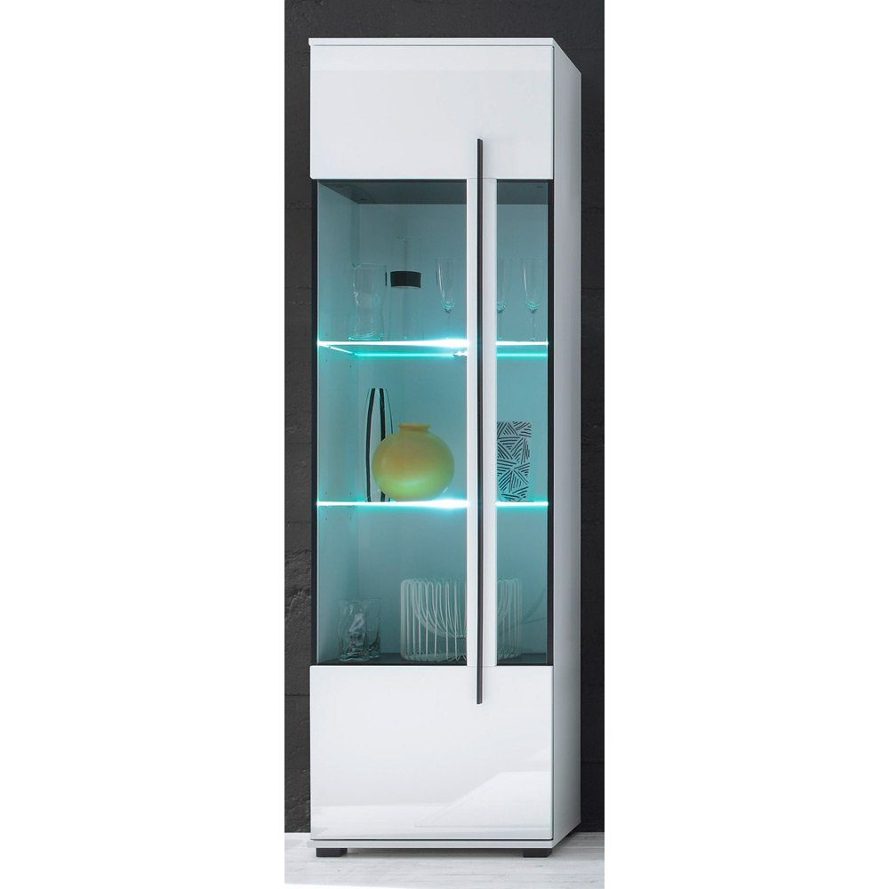 Lomadox Wohnwand COLORADO-61, (4-St., 4-tlg), weiß Hochglanz mit Vitrine inkl. LED Tür mit Grauglas 225x200x42cm