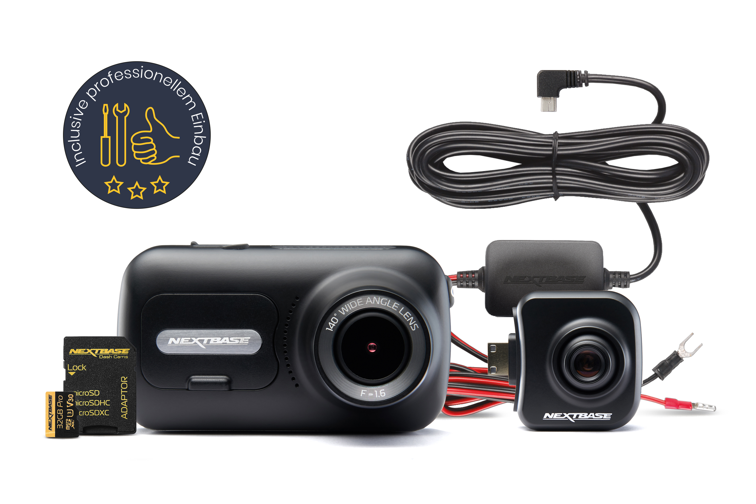 Dashcam Bundle 322GW von Nextbase inkl. kabelloser Rücksichtkamera, 32GB SD-Karte, Festeinbau-Kabelsatz und Einbau - ATU