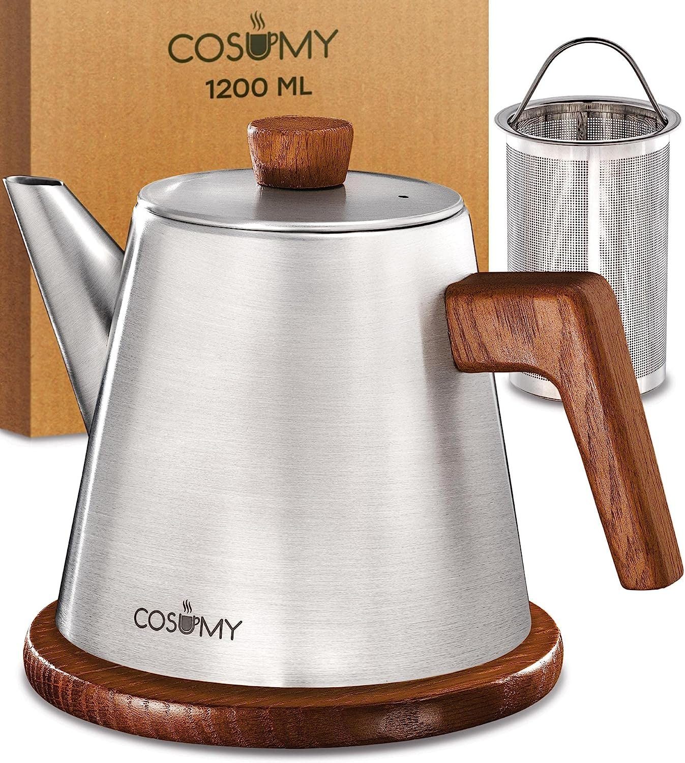 Cosumy Teekanne 1,2 L Mit Siebeinsatz und Untersetzer - Edelstahl & FSC Holz, 1,2 l, (Set), Kanne mit Sieb für Tee - Induktion - Tropffrei - Hält lange warm