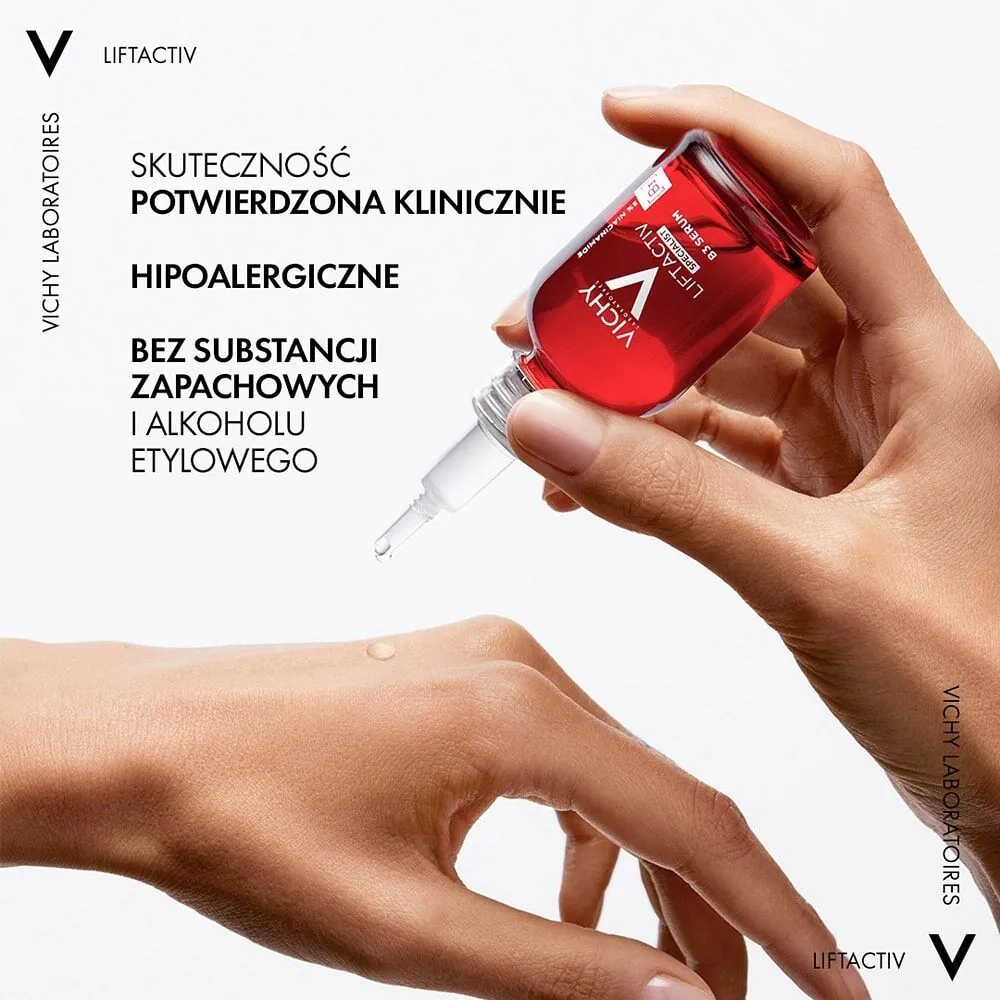 „Vichy Liftactiv Specialist B3“ serumas odos dėmėms ir raukšlėms mažinti su 5 % niacinamido.