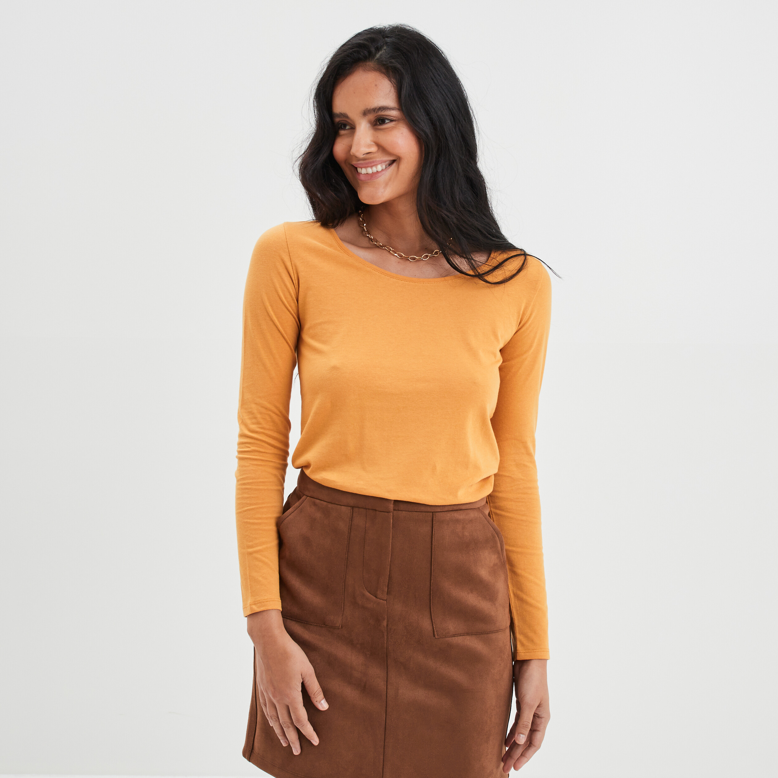 T-shirt coton manches longues jaune moutarde femme | La Halle