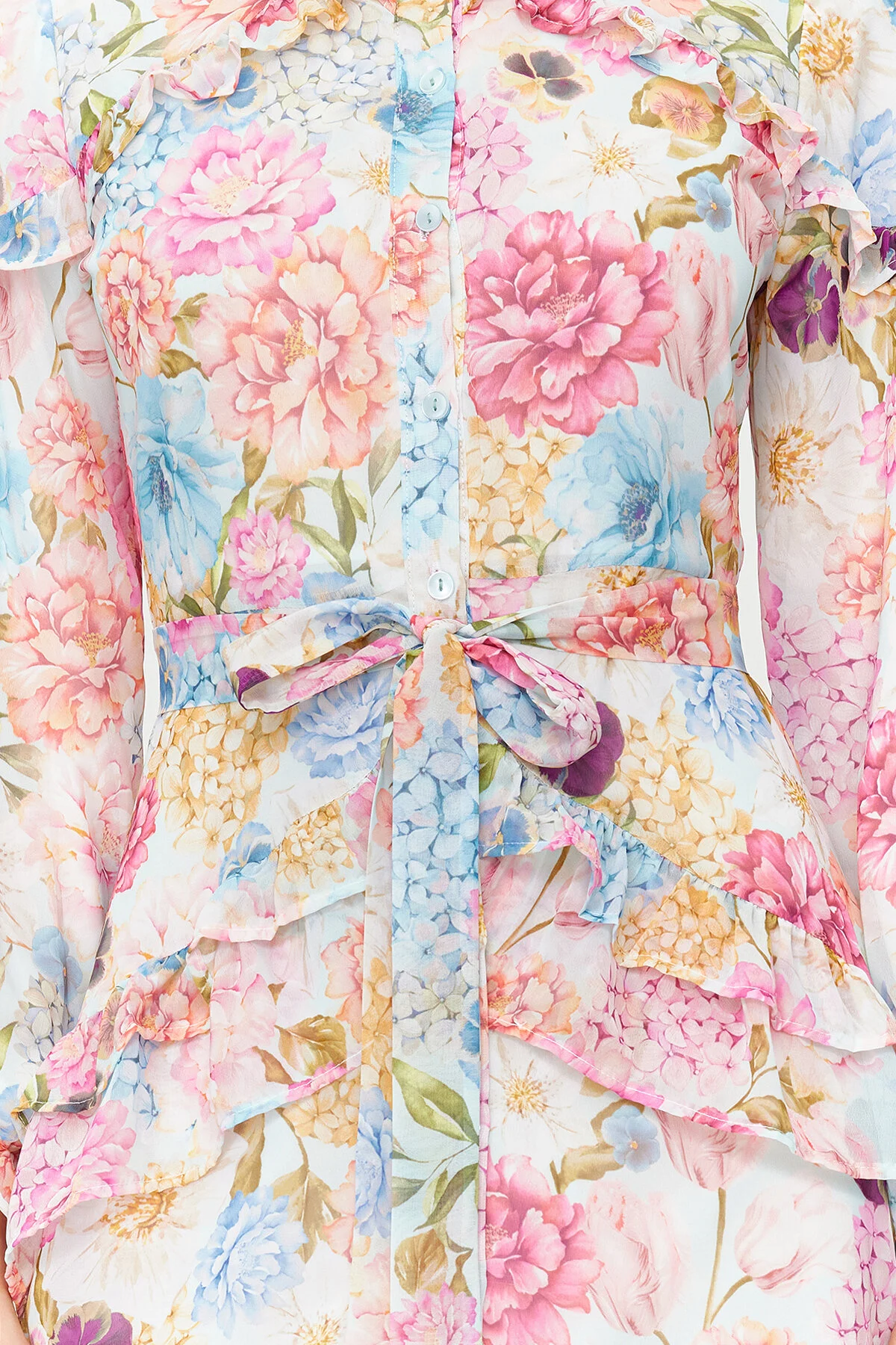 Trendyol Modest  Fliederfarbenes Kleid aus gewebtem Chiffon mit floralem Rüschendetail und Futter TCTSS24EB00003