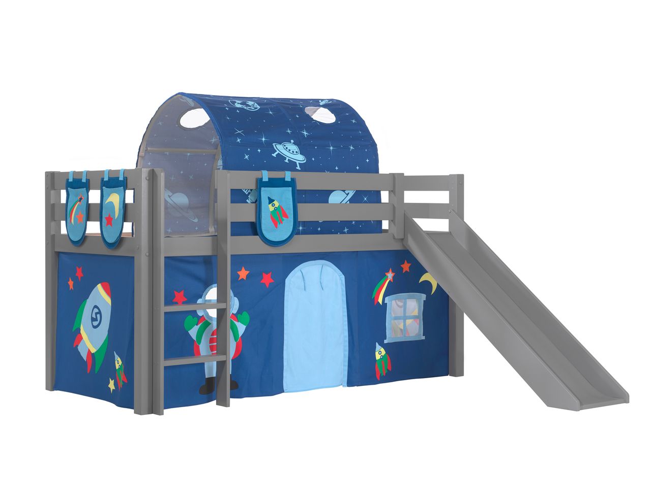VIPACK Spielbett Pino inkl. Rutsche mit Textilset Vorhang, Tunnel und 3 Taschen 