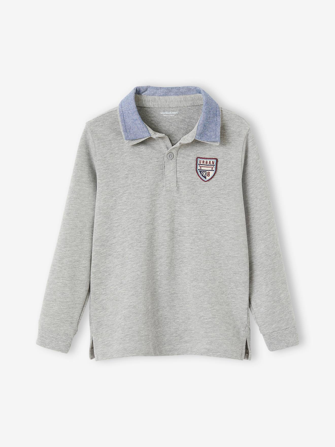 Polo garçon avec badge et col en chambray dark bleu indigo