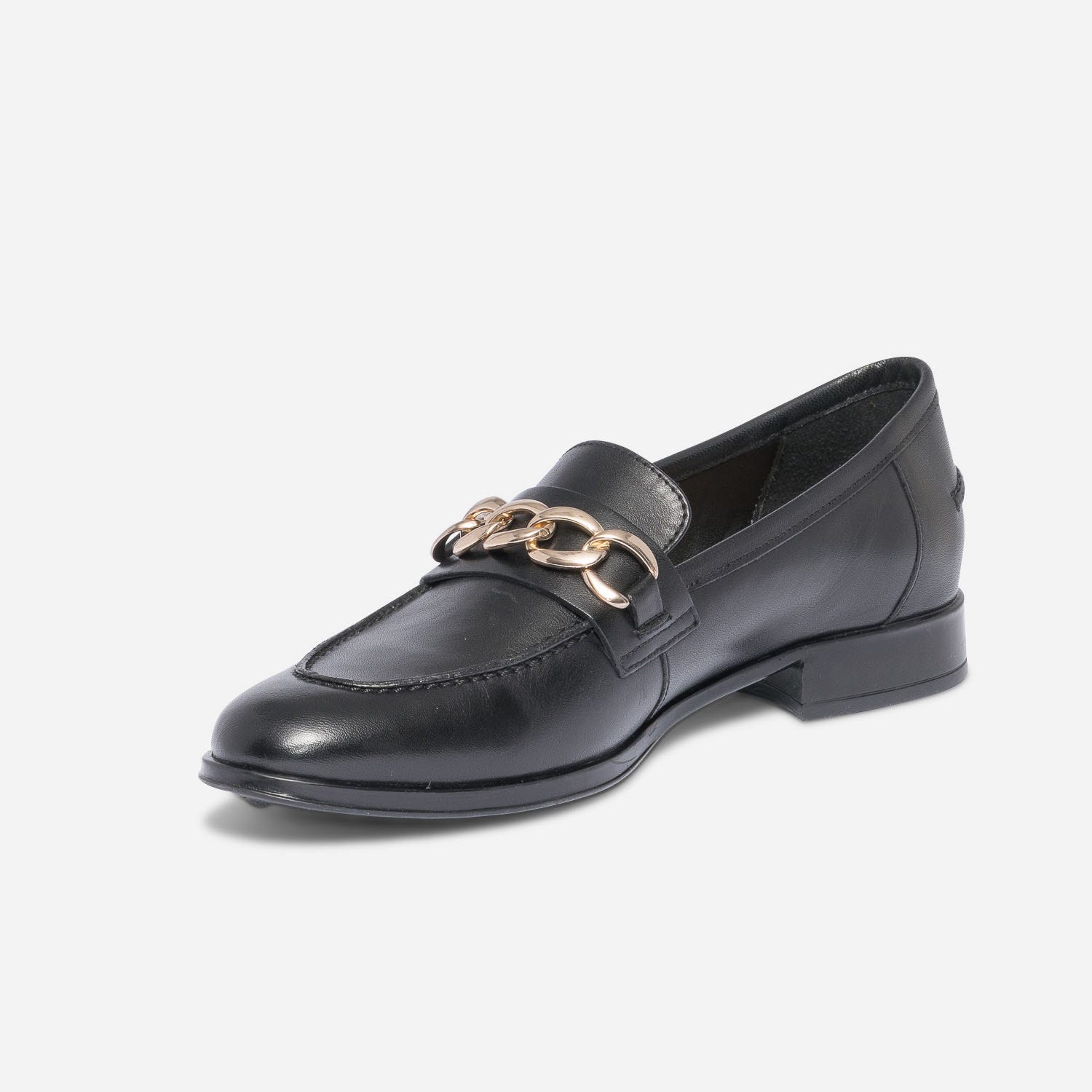 Mocassin noir en cuir à chaîne