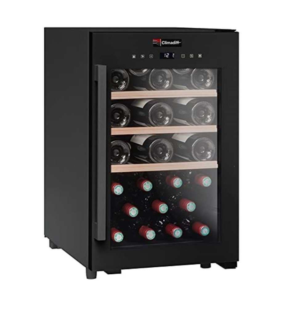 CLIMADIFF Weinkühlschrank CS31B1, Glastür, 31 Flaschen, 60L, Flaschenkühlschrank Kühlschrank, für 31 Standardflaschen á 0,75l,Design Weinkühler, Getränkekühlschrank 62x40x54cm Weinschrank