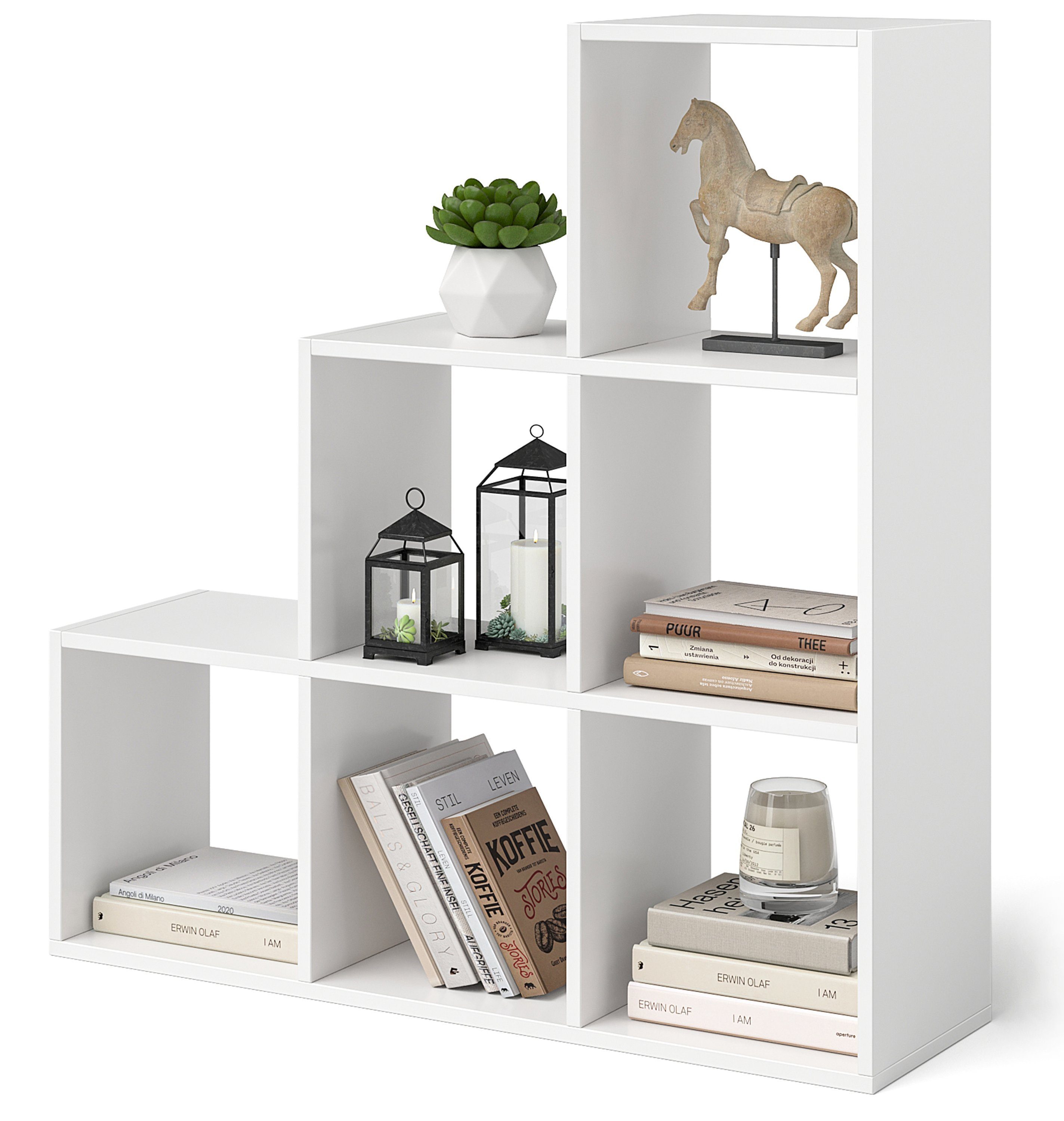 Bellamio Bücherregal Aras Raumteiler, Treppenregal, Würfelregal, 6 Ablagefächer, viel Stauraum