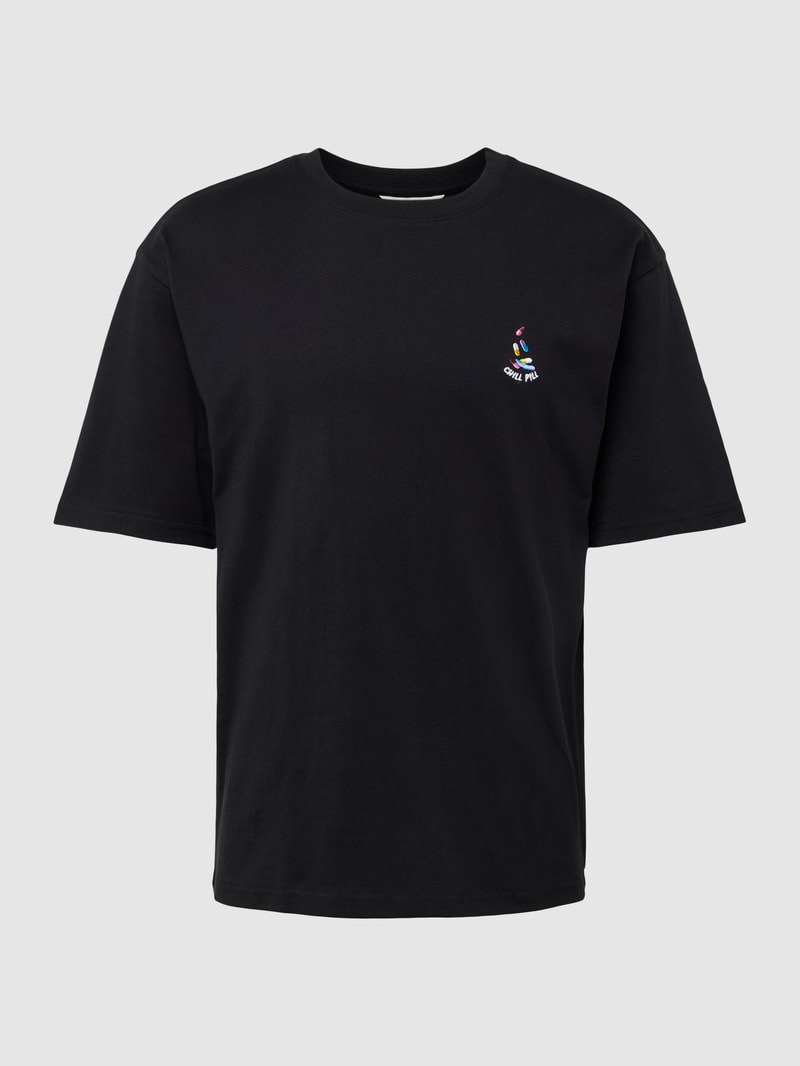 T-Shirt aus reiner Baumwolle mit Motiv-Stitching in schwarz