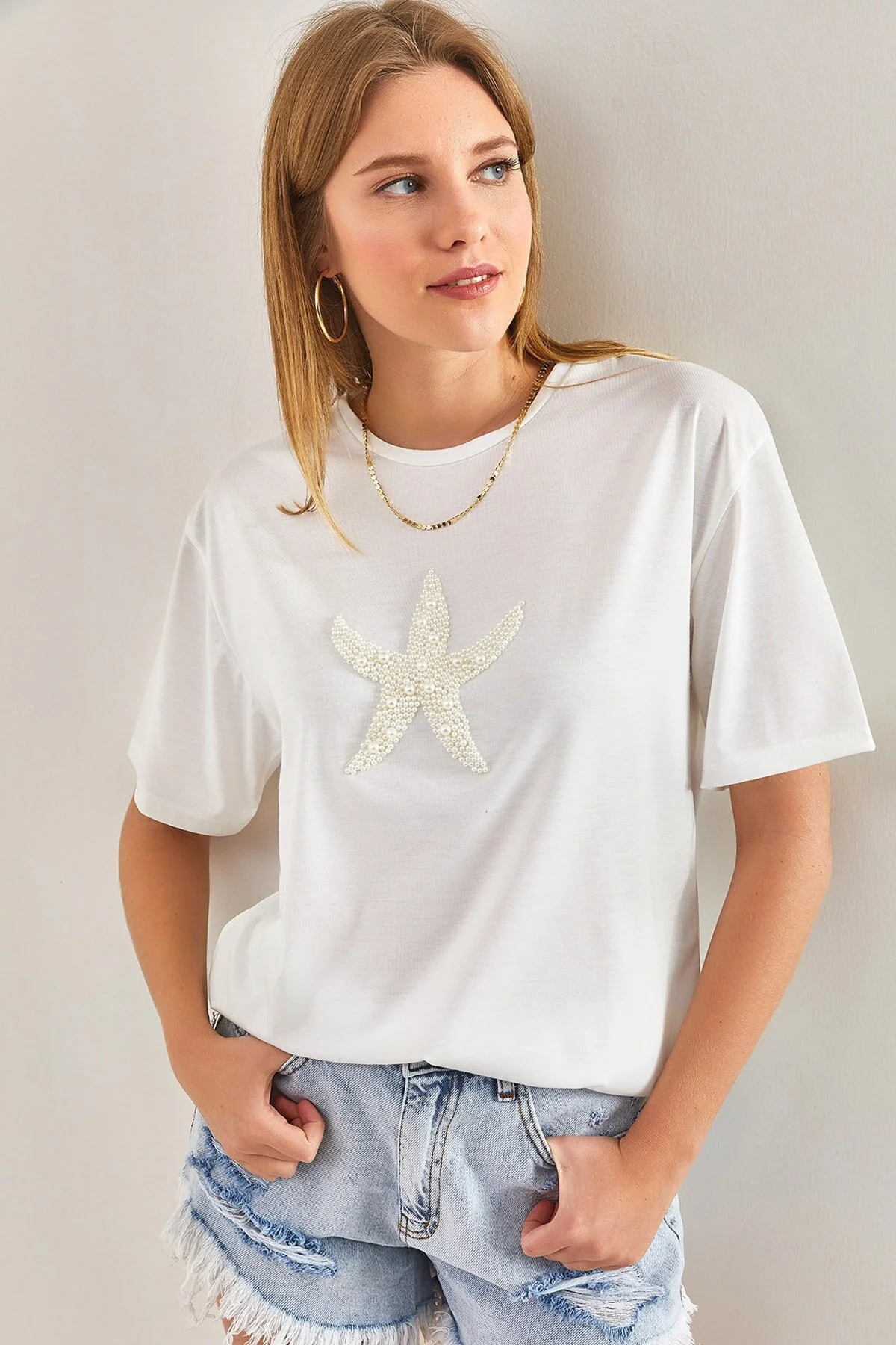 Bianco Lucci  Damen-T-Shirt aus gekämmter Baumwolle mit Stern-Perlenstein-Stickerei