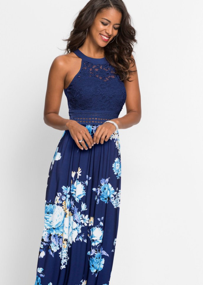 Sommer-Maxikleid mit Blumen-Print und Spitze