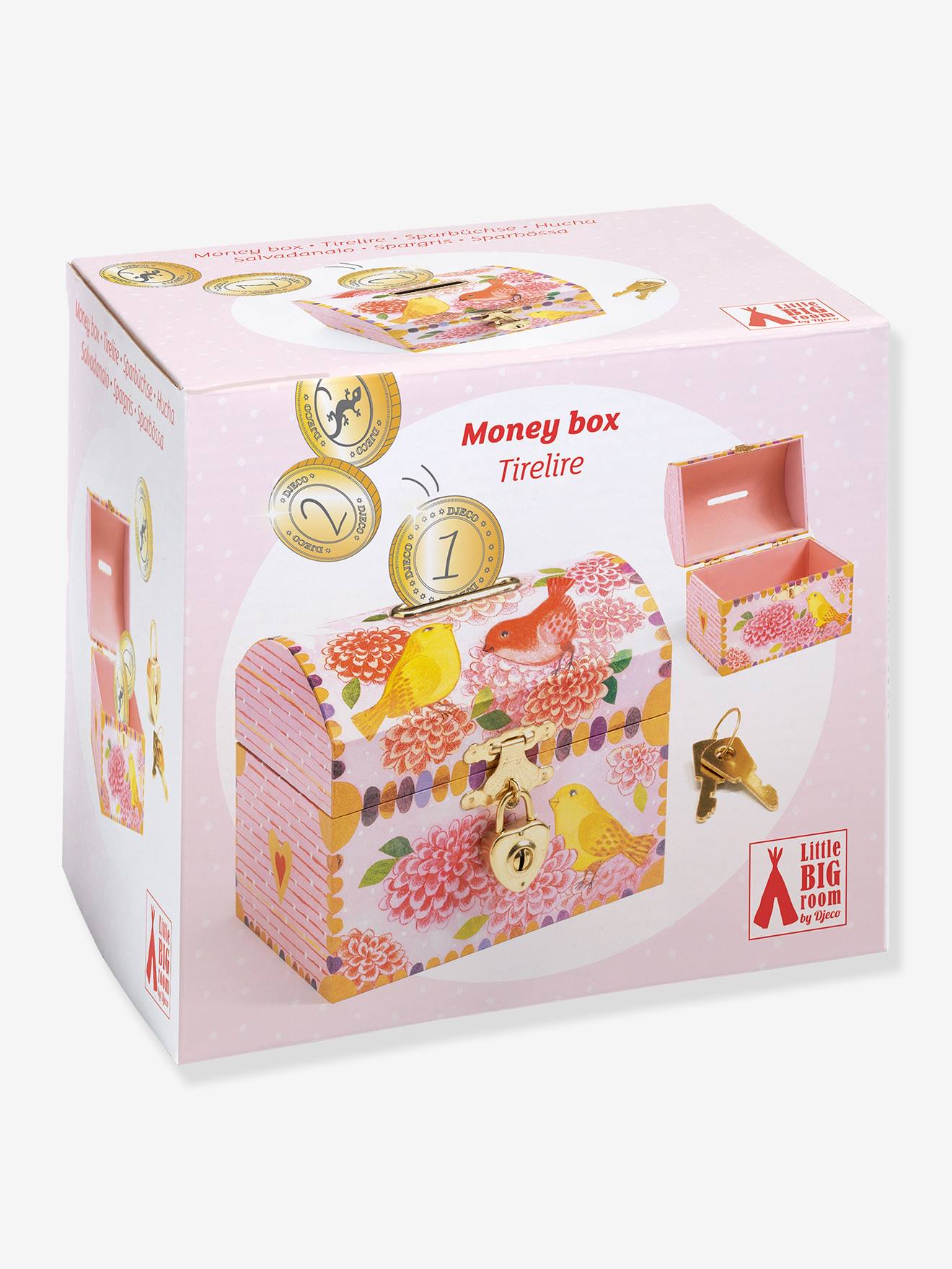 Djeco Kinder Holz-Spardose Vögel & Blumen DJECO - rosa bedruckt