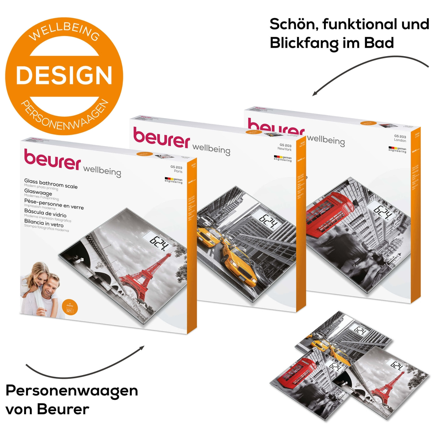 Beurer Glaswaage GS 203 New York-Personenwaage aus Glas mit beleuchtetem XL-Display - bis 150 kg