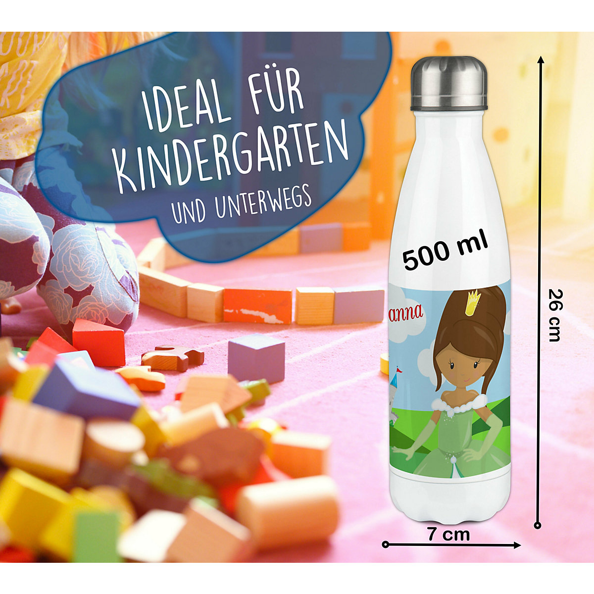 Edelstahl Kinder Thermoflasche / Trinkflasche bunt Prinzessin Spülmaschinenfest, Auslaufsicher, Bruchfest, Doppelwandig, Für Heißgetränke geeignet, Mit Deckel, Isoliert
