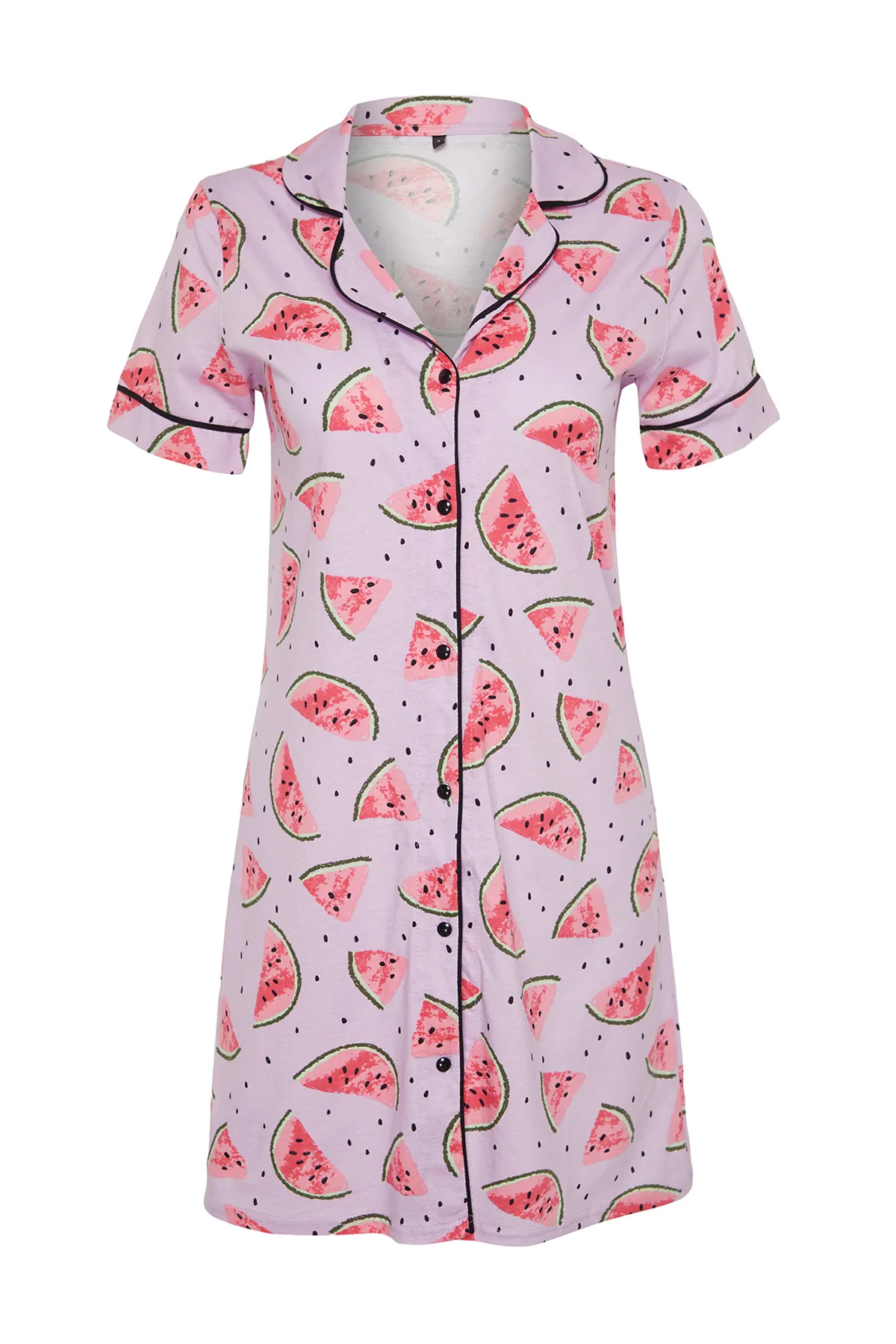 Trendyol Collection  Rosa gestricktes Nachthemd aus 100 % Baumwolle mit Wassermelonenmuster und Paspelierung THMSS24GC00010