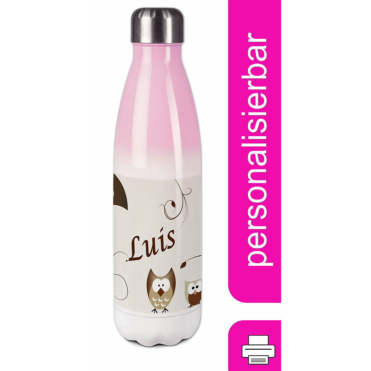 Edelstahl Kinder Thermoflasche / Trinkflasche bunt Eule Farbe beige Spülmaschinenfest, Auslaufsicher, Bruchfest, Doppelwandig, Für Heißgetränke geeignet, Mit Deckel, Isoliert