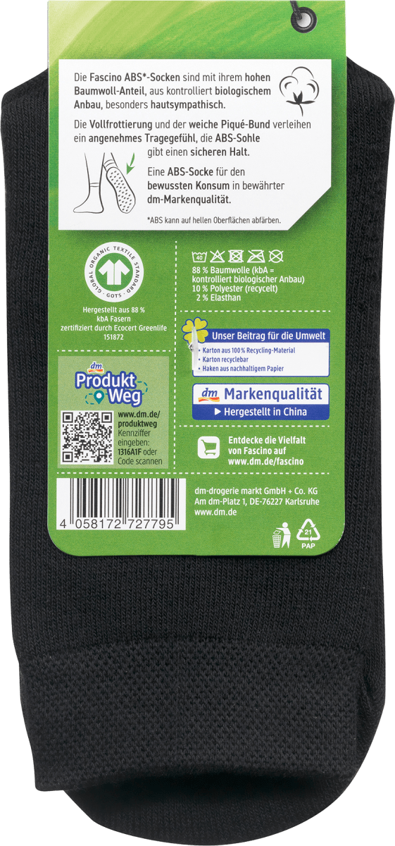 ABS Socken mit Bio-Baumwolle, Gr. 39-42, schwarz, 1 St